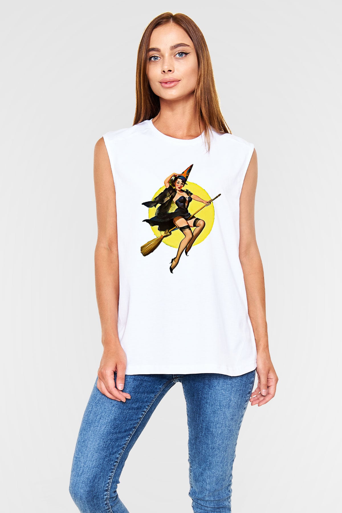 Halloween Baskılı Beyaz Unisex Kolsuz Tişört - Tshirt