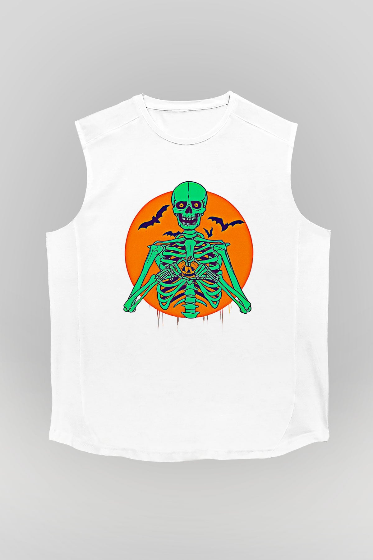 Halloween Baskılı Beyaz Unisex Kolsuz Tişört - Tshirt