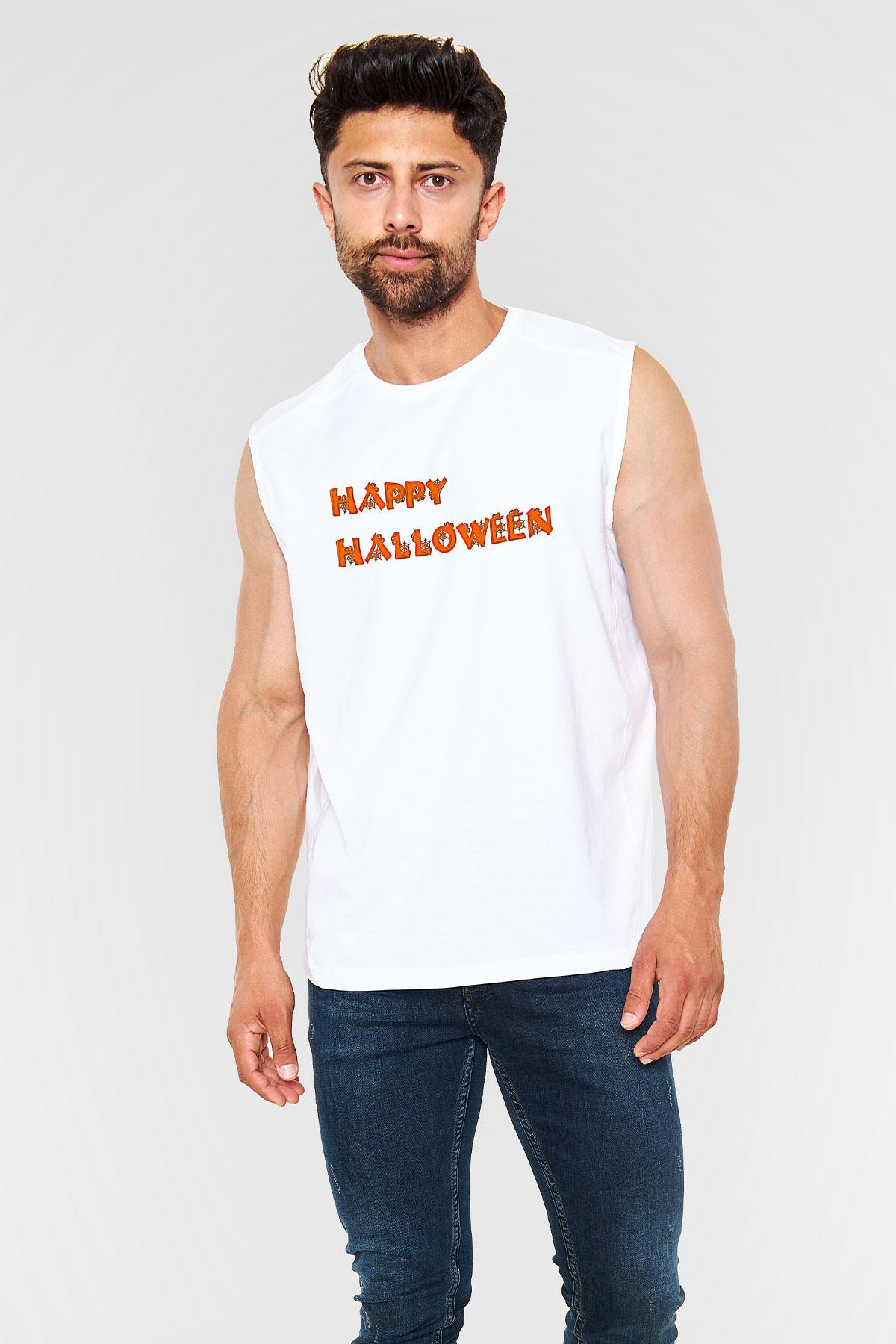 Halloween Baskılı Beyaz Unisex Kolsuz Tişört - Tshirt