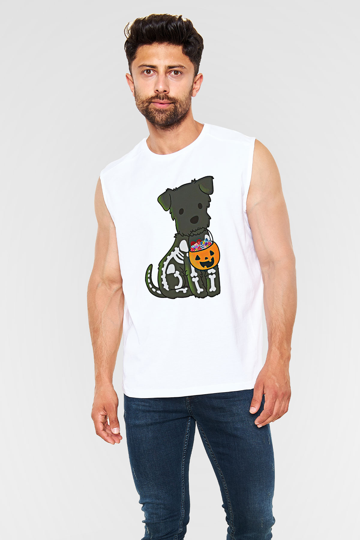 Halloween Baskılı Beyaz Unisex Kolsuz Tişört - Tshirt