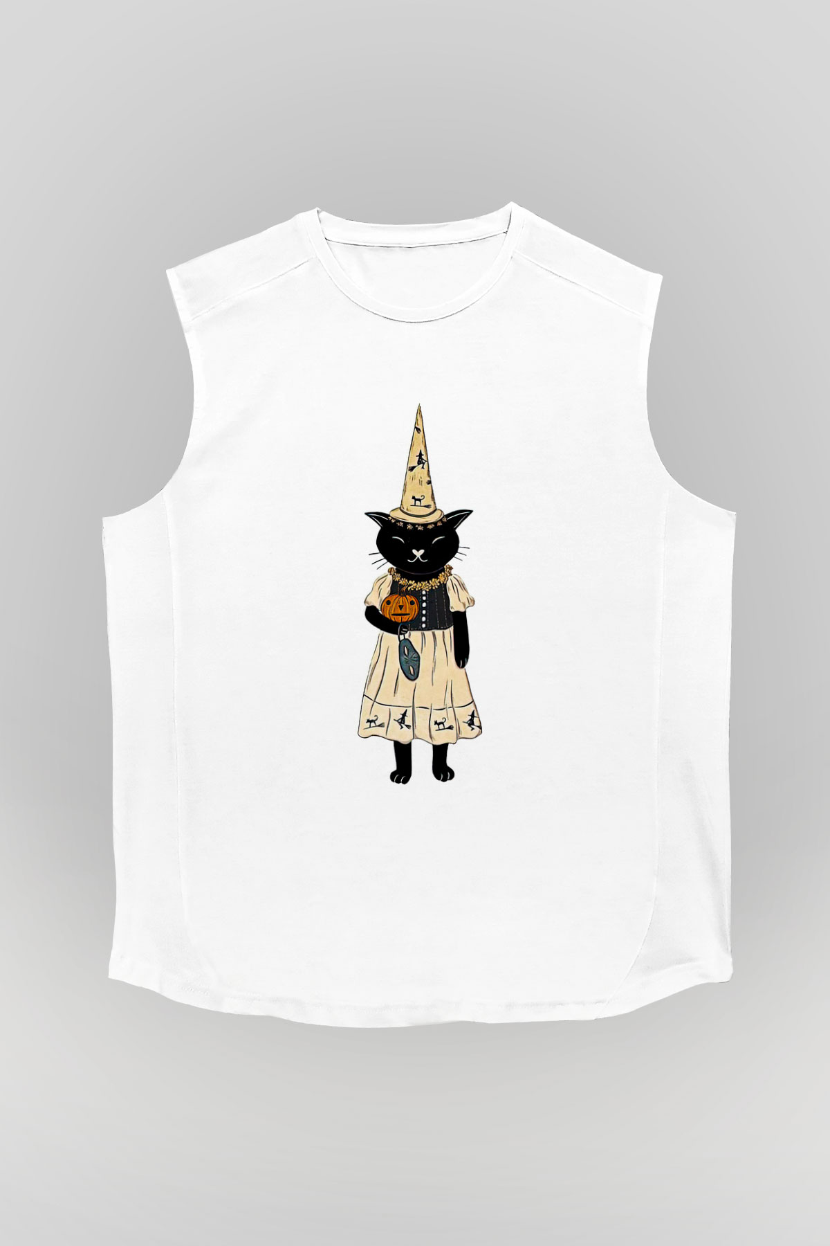 Halloween Baskılı Beyaz Unisex Kolsuz Tişört - Tshirt