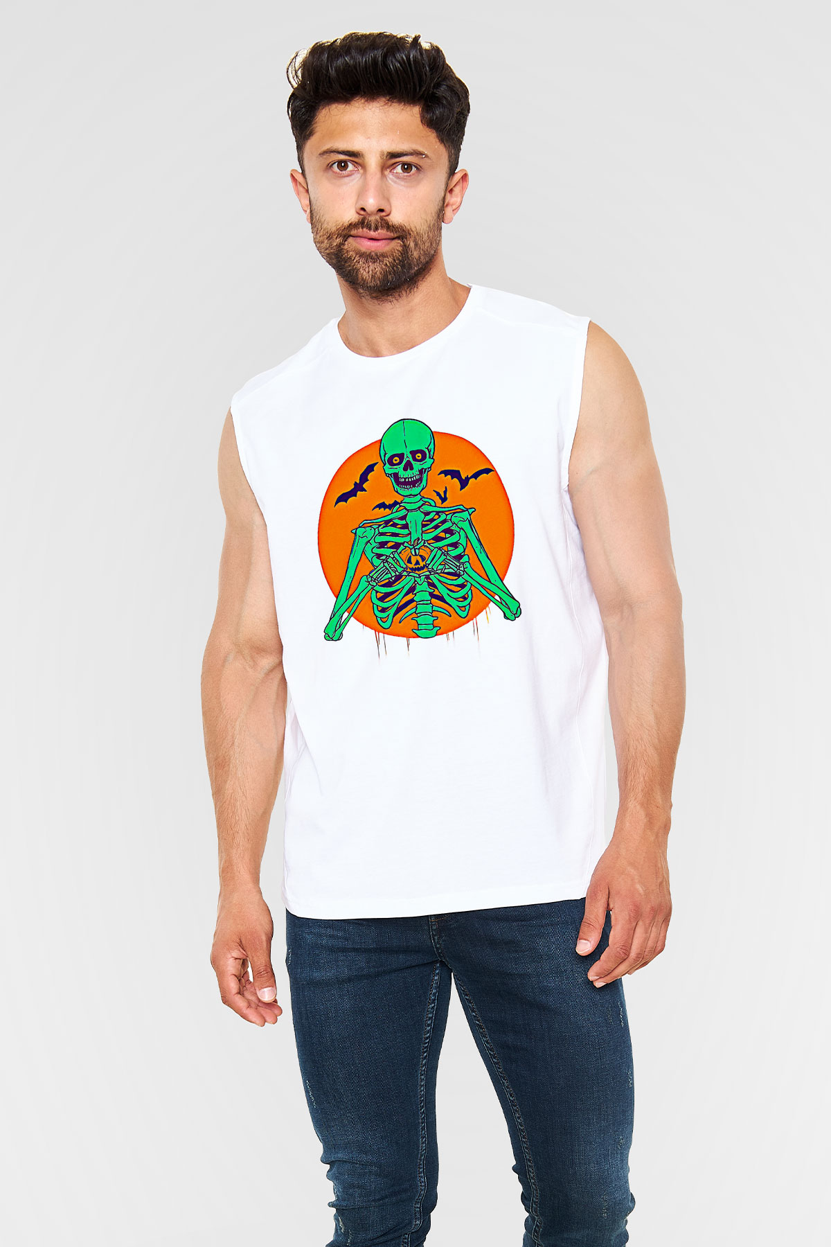 Halloween Baskılı Beyaz Unisex Kolsuz Tişört - Tshirt