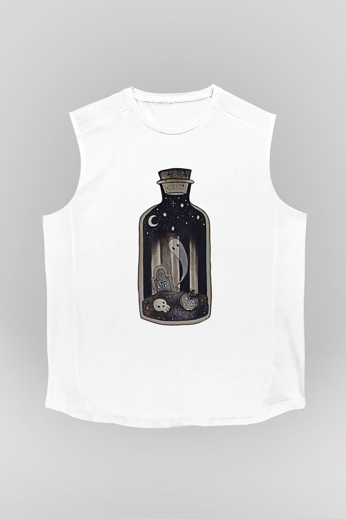 Halloween Baskılı Beyaz Unisex Kolsuz Tişört - Tshirt