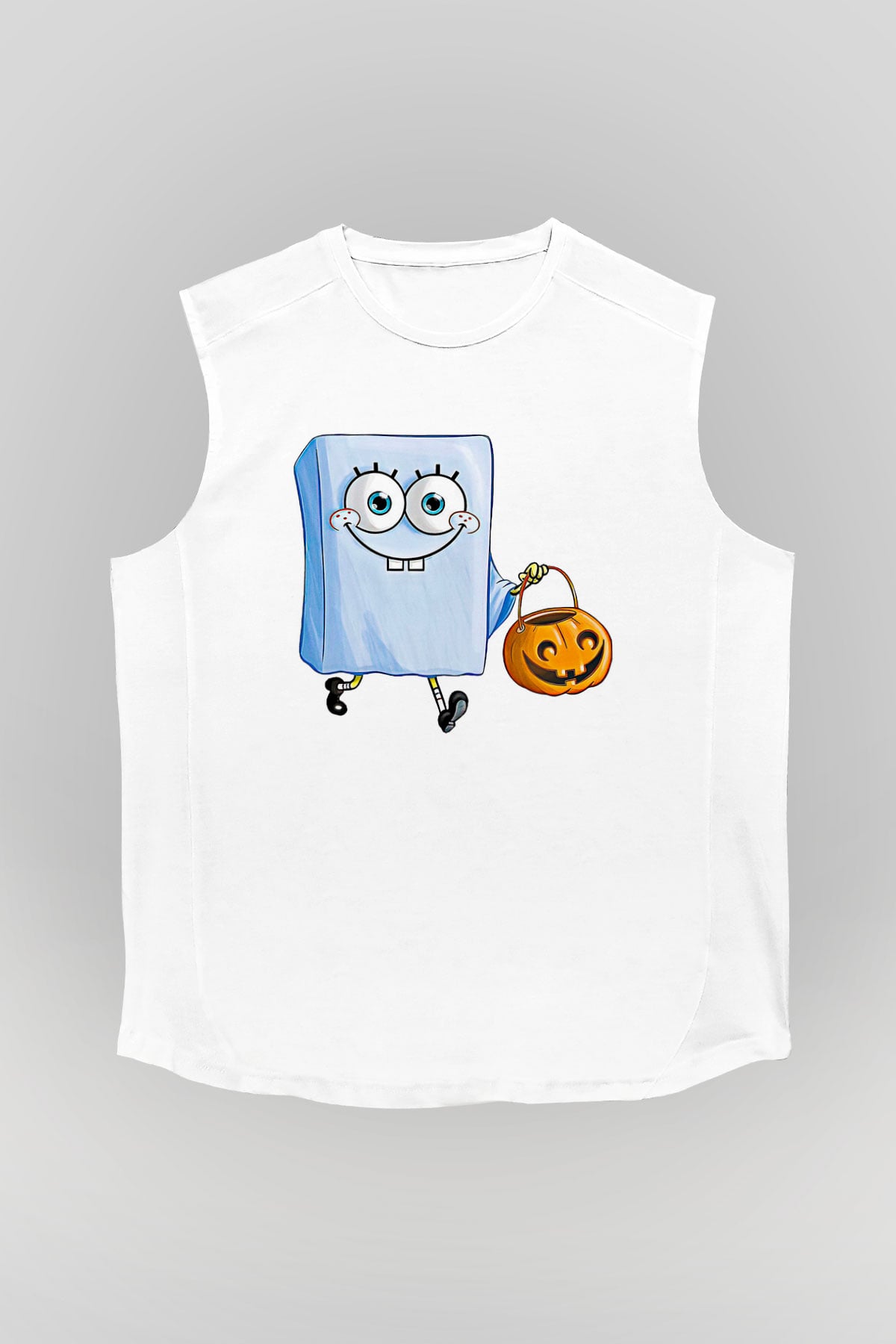 Halloween Baskılı Beyaz Unisex Kolsuz Tişört - Tshirt