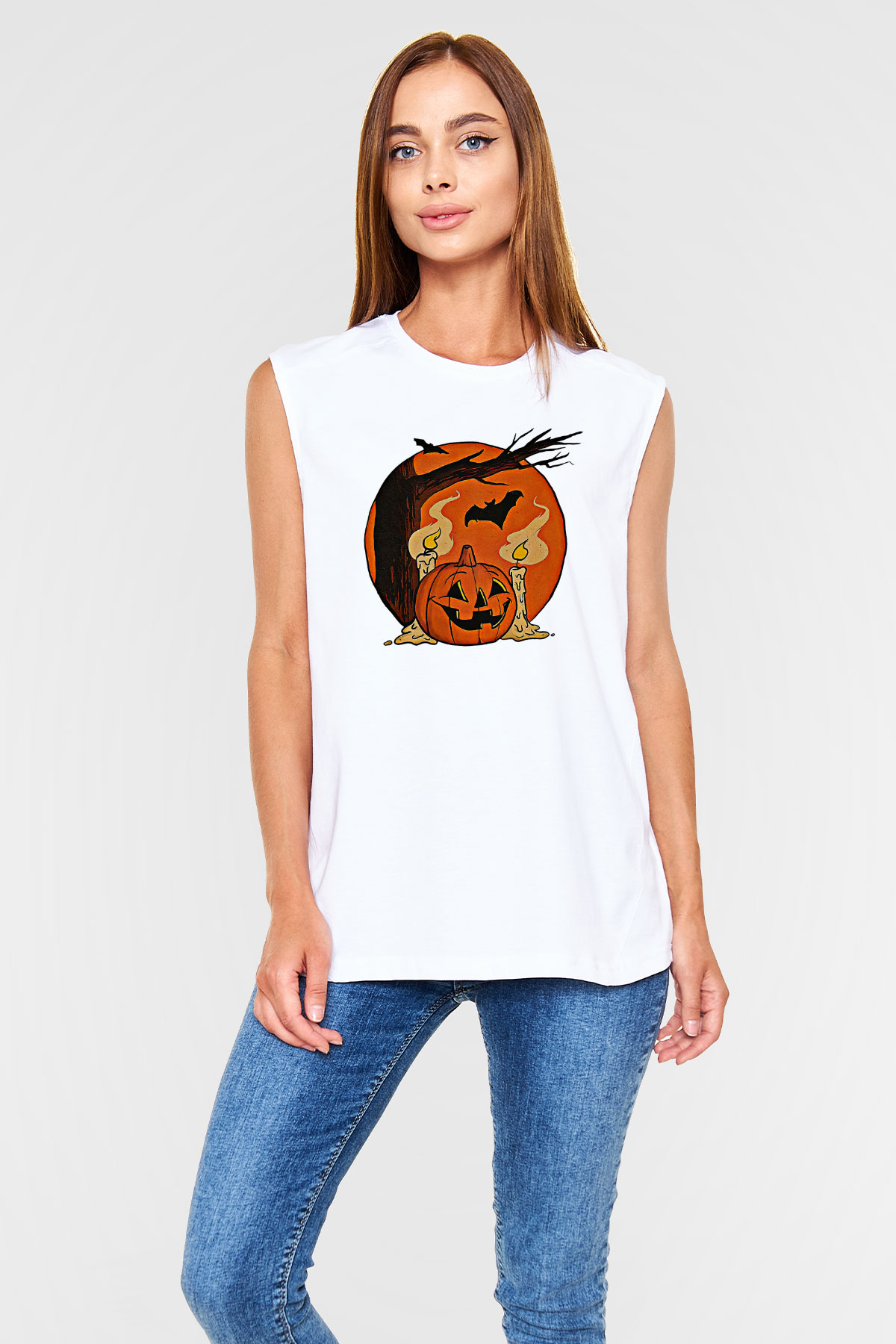 Halloween Baskılı Beyaz Unisex Kolsuz Tişört - Tshirt