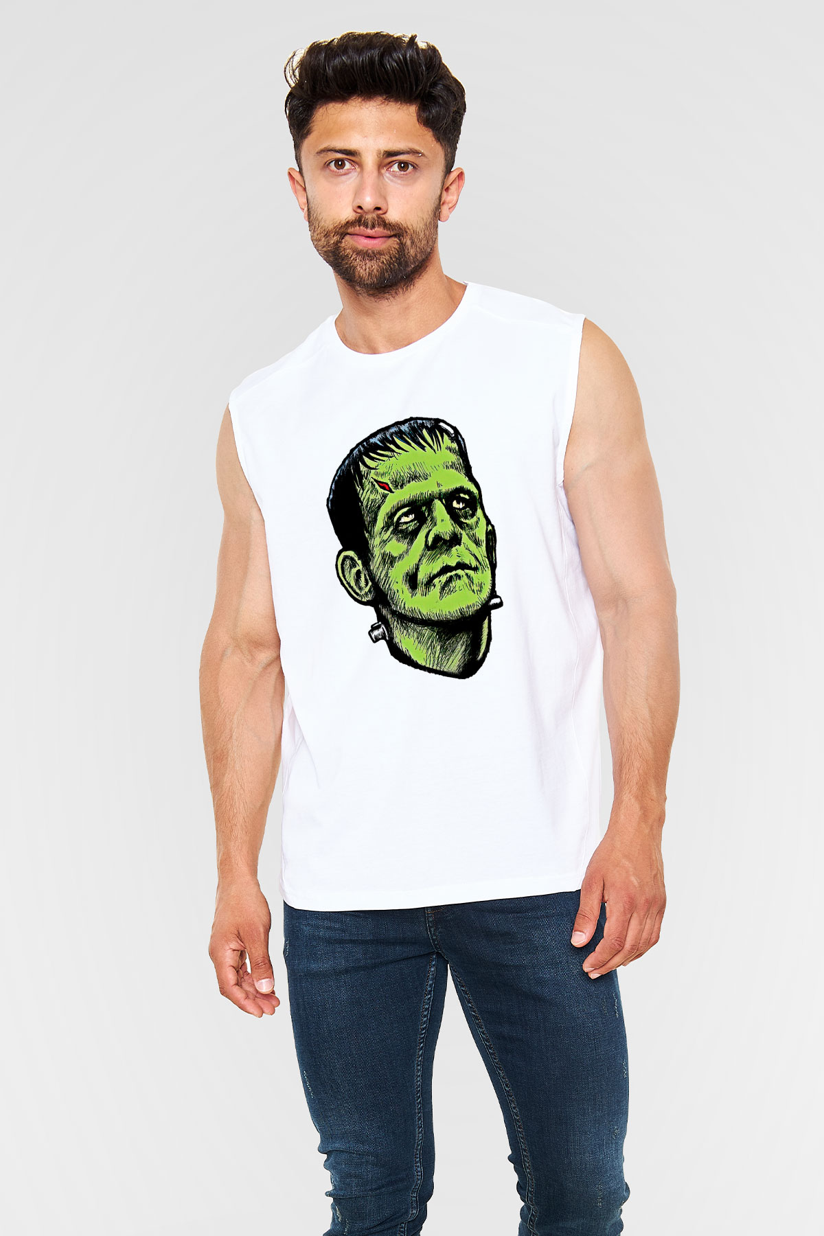 Halloween Baskılı Beyaz Unisex Kolsuz Tişört - Tshirt