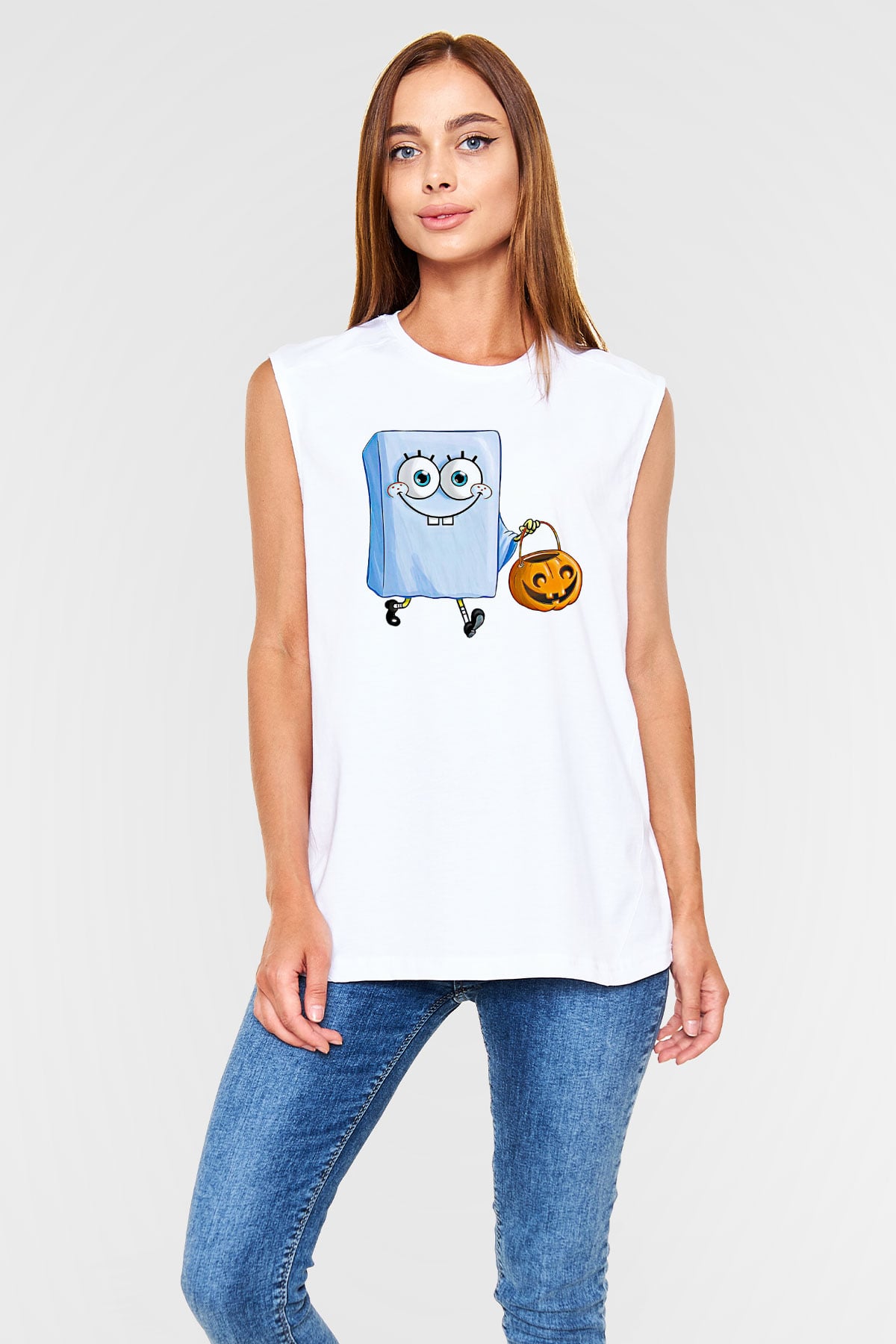 Halloween Baskılı Beyaz Unisex Kolsuz Tişört - Tshirt