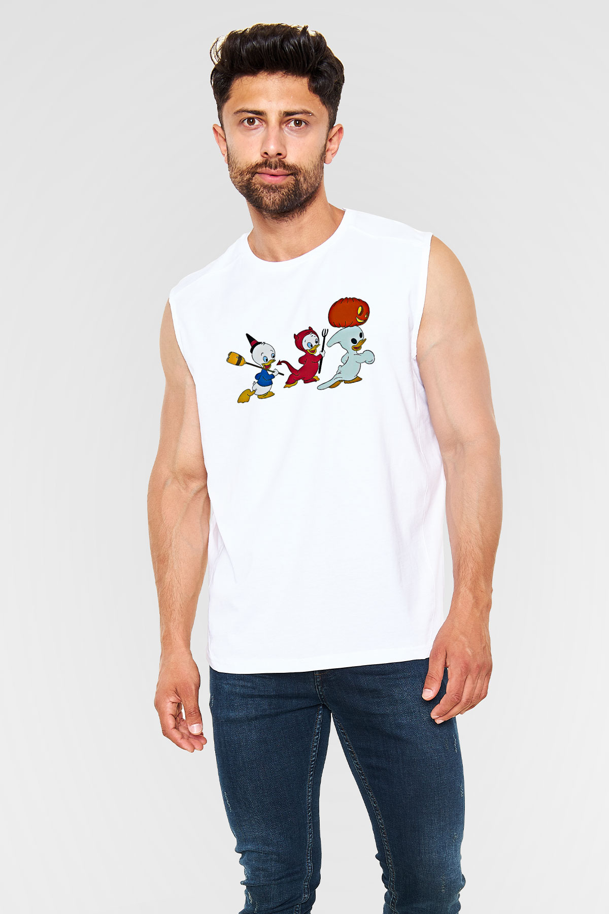 Halloween Baskılı Beyaz Unisex Kolsuz Tişört - Tshirt