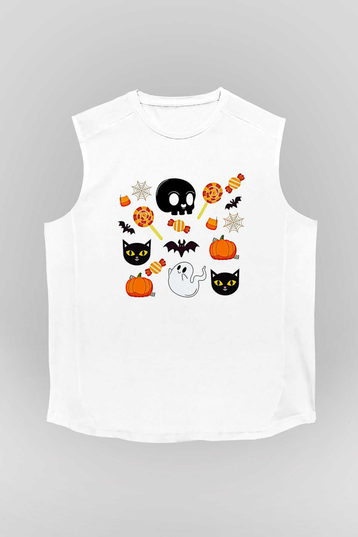 Halloween Baskılı Beyaz Unisex Kolsuz Tişört - Tshirt