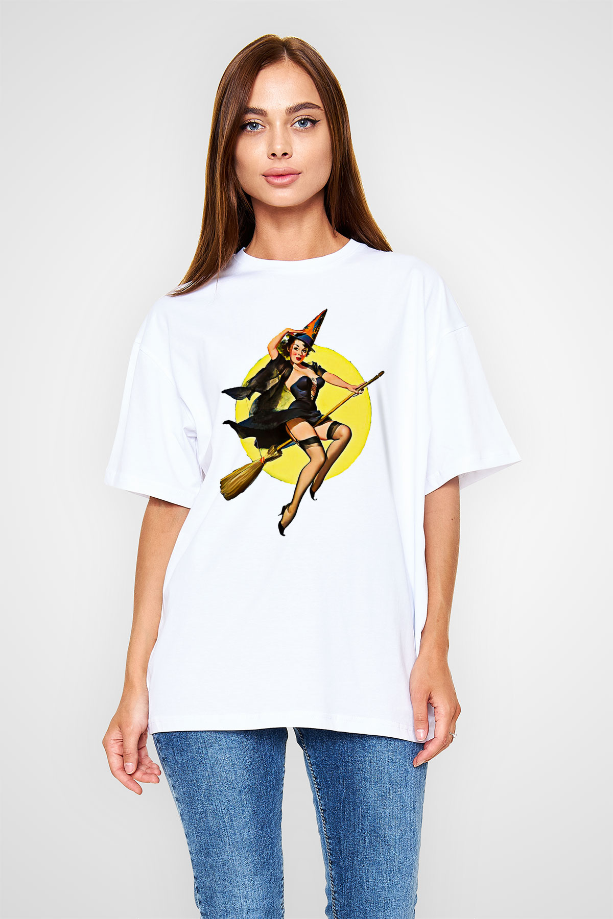 Halloween Baskılı Beyaz Unisex Oversize Tişört - Tshirt