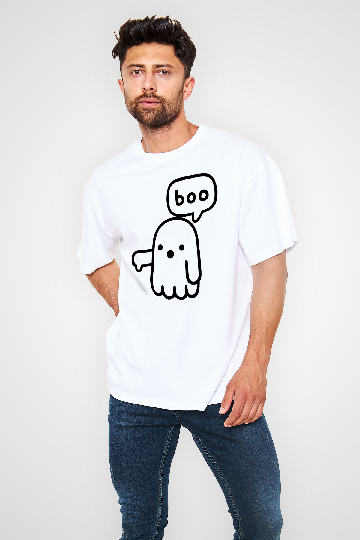 Halloween Baskılı Beyaz Unisex Oversize Tişört - Tshirt