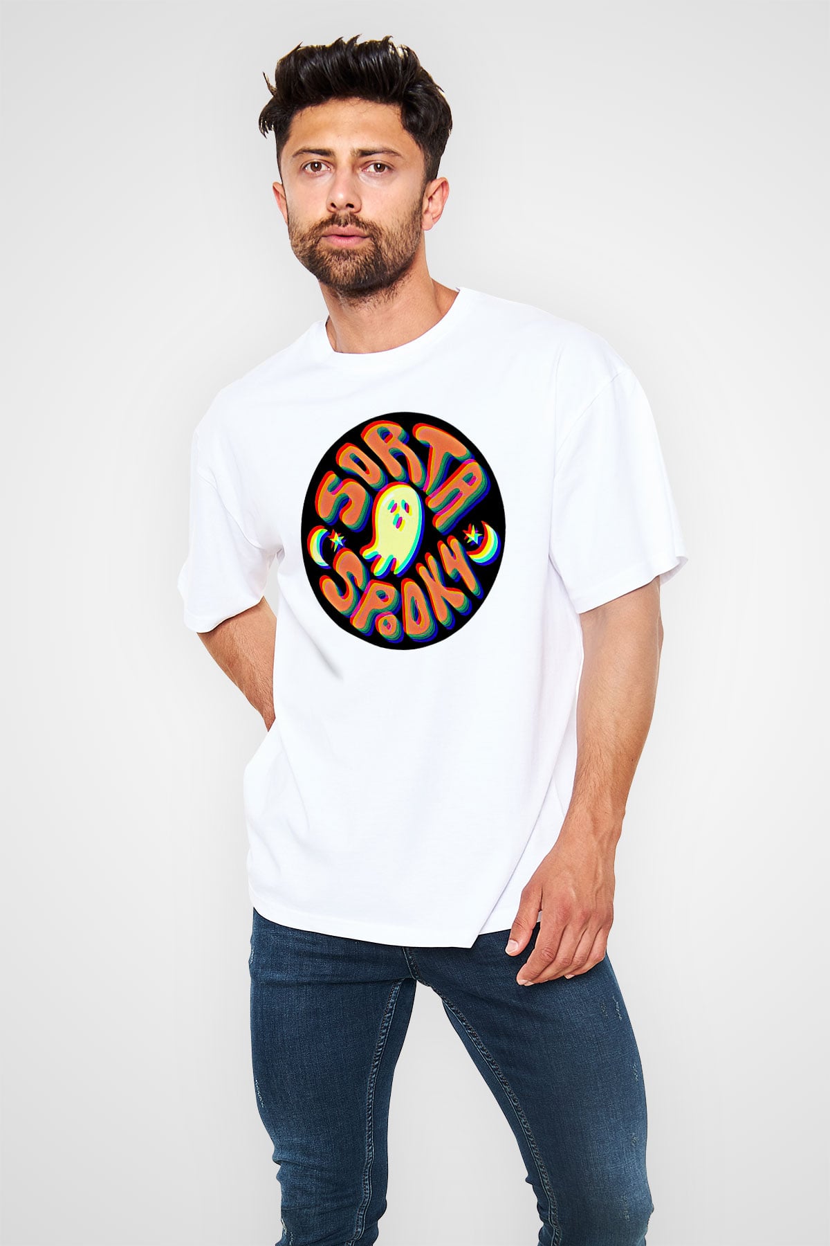 Halloween Baskılı Beyaz Unisex Oversize Tişört - Tshirt