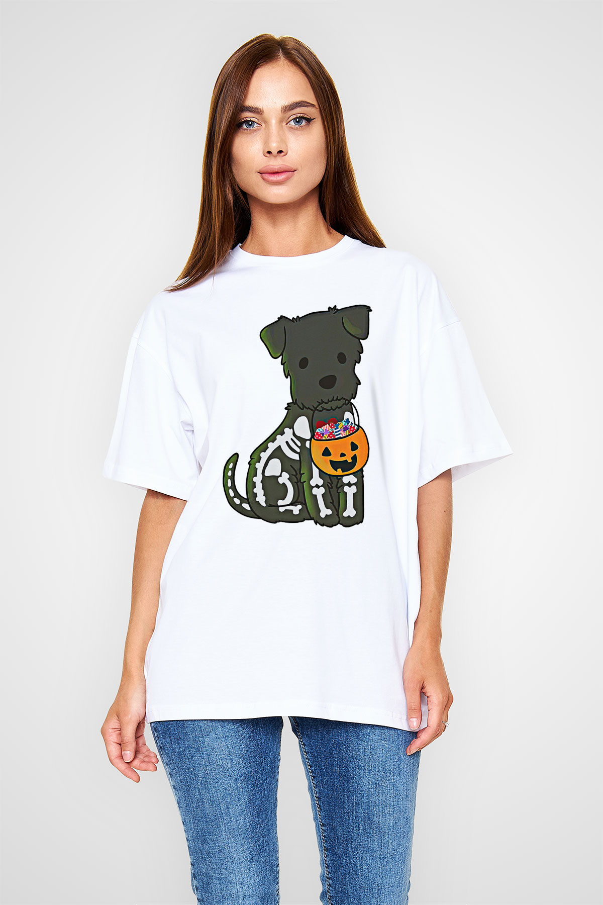 Halloween Baskılı Beyaz Unisex Oversize Tişört - Tshirt