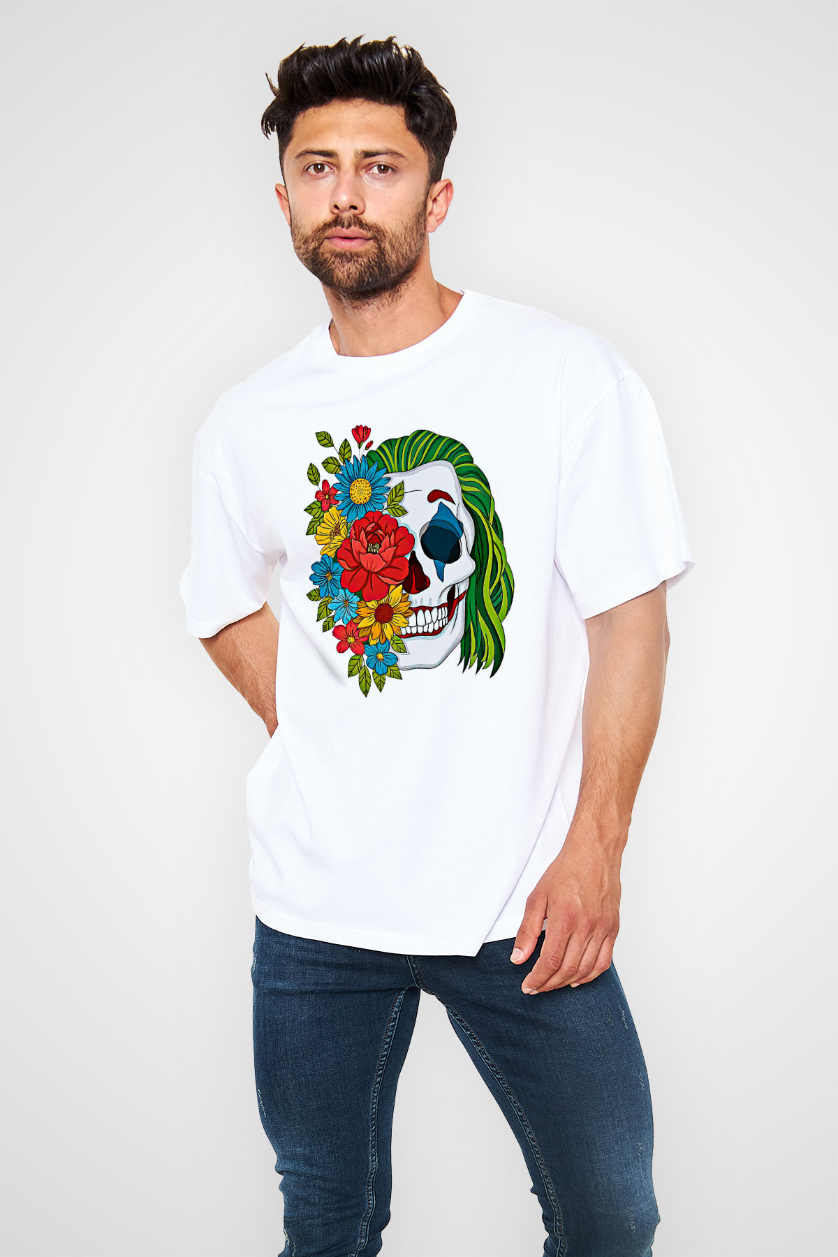 Halloween Baskılı Beyaz Unisex Oversize Tişört - Tshirt