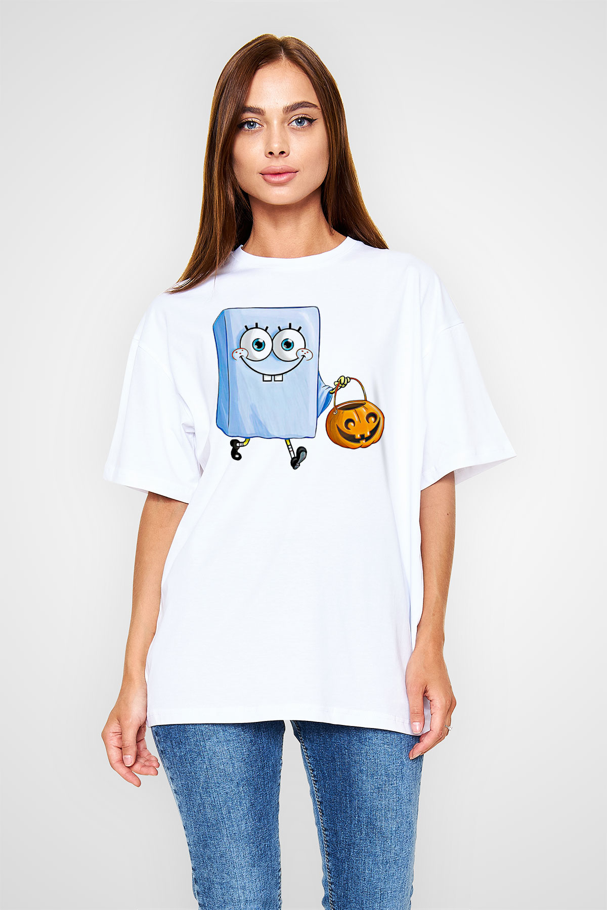 Halloween Baskılı Beyaz Unisex Oversize Tişört - Tshirt