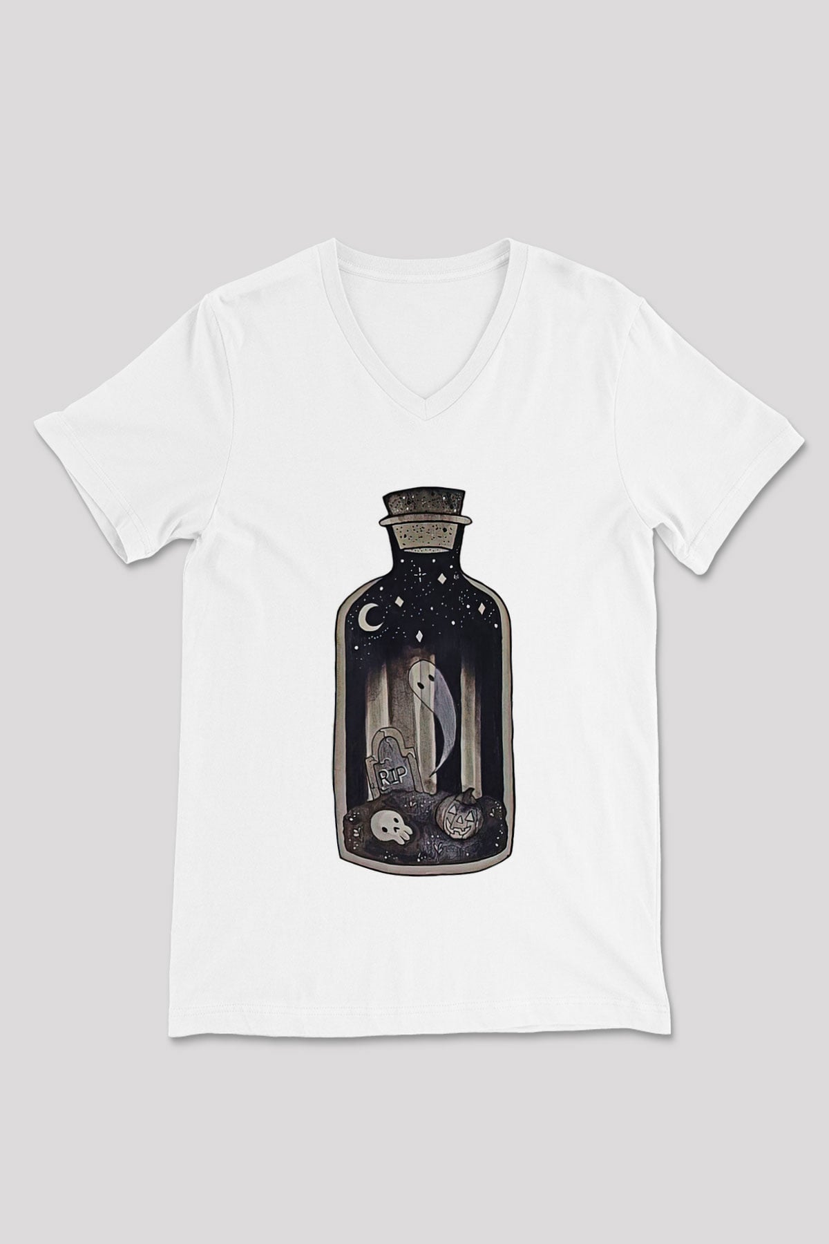 Halloween Baskılı Beyaz Unisex V Yaka Tişört - Tshirt