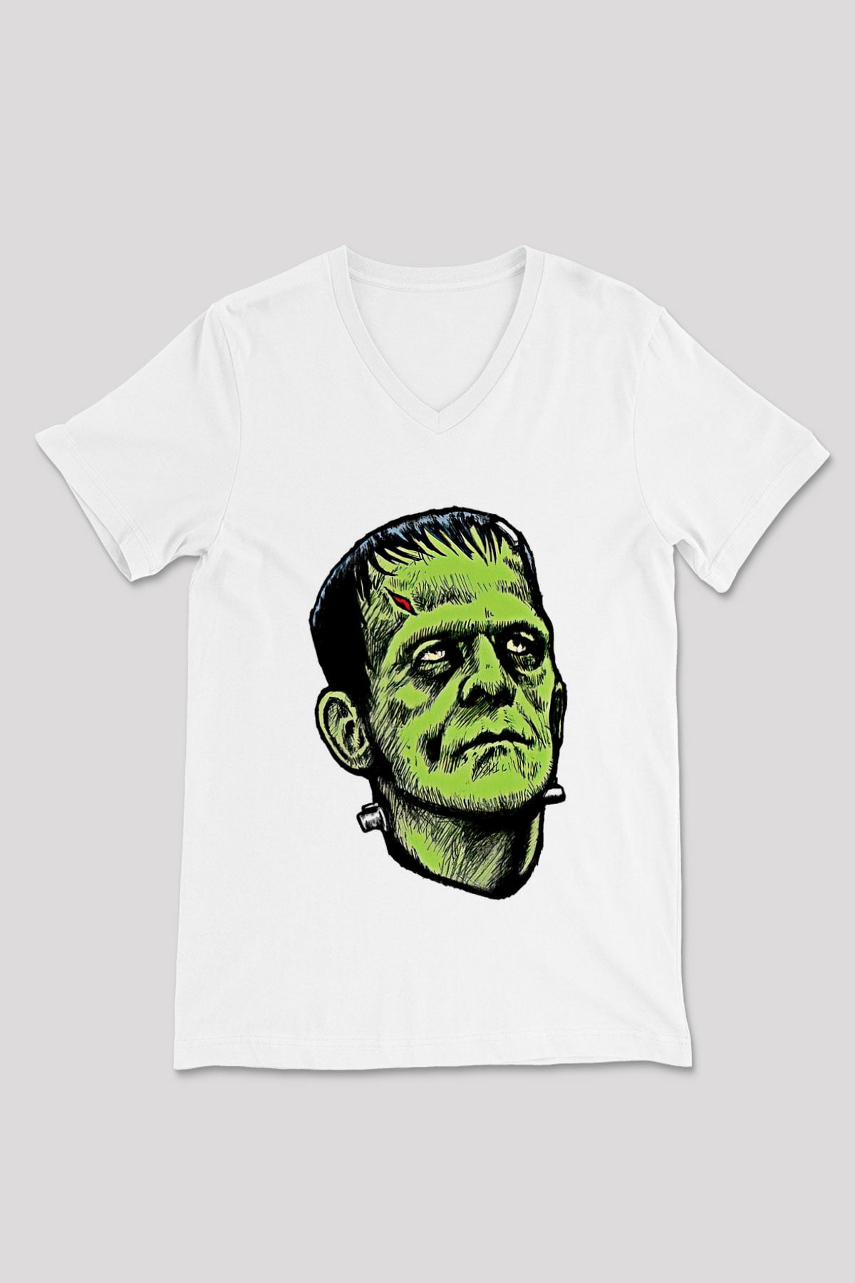 Halloween Baskılı Beyaz Unisex V Yaka Tişört - Tshirt