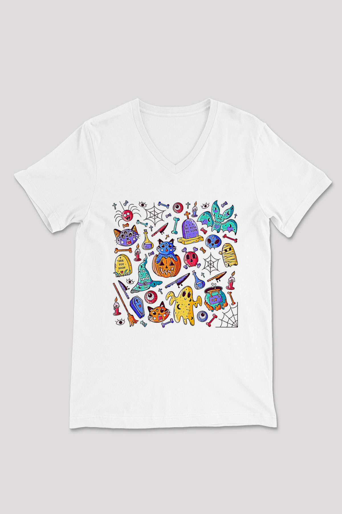 Halloween Baskılı Beyaz Unisex V Yaka Tişört - Tshirt