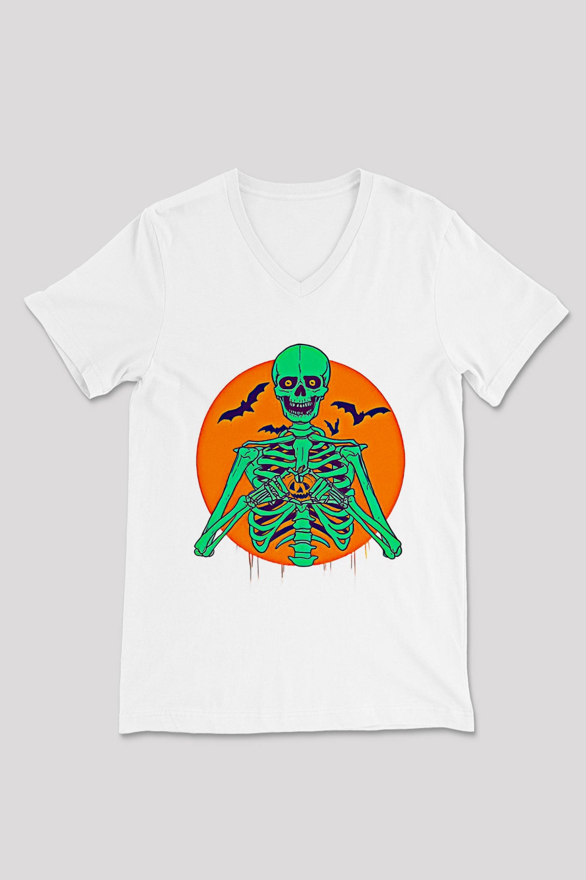 Halloween Baskılı Beyaz Unisex V Yaka Tişört - Tshirt