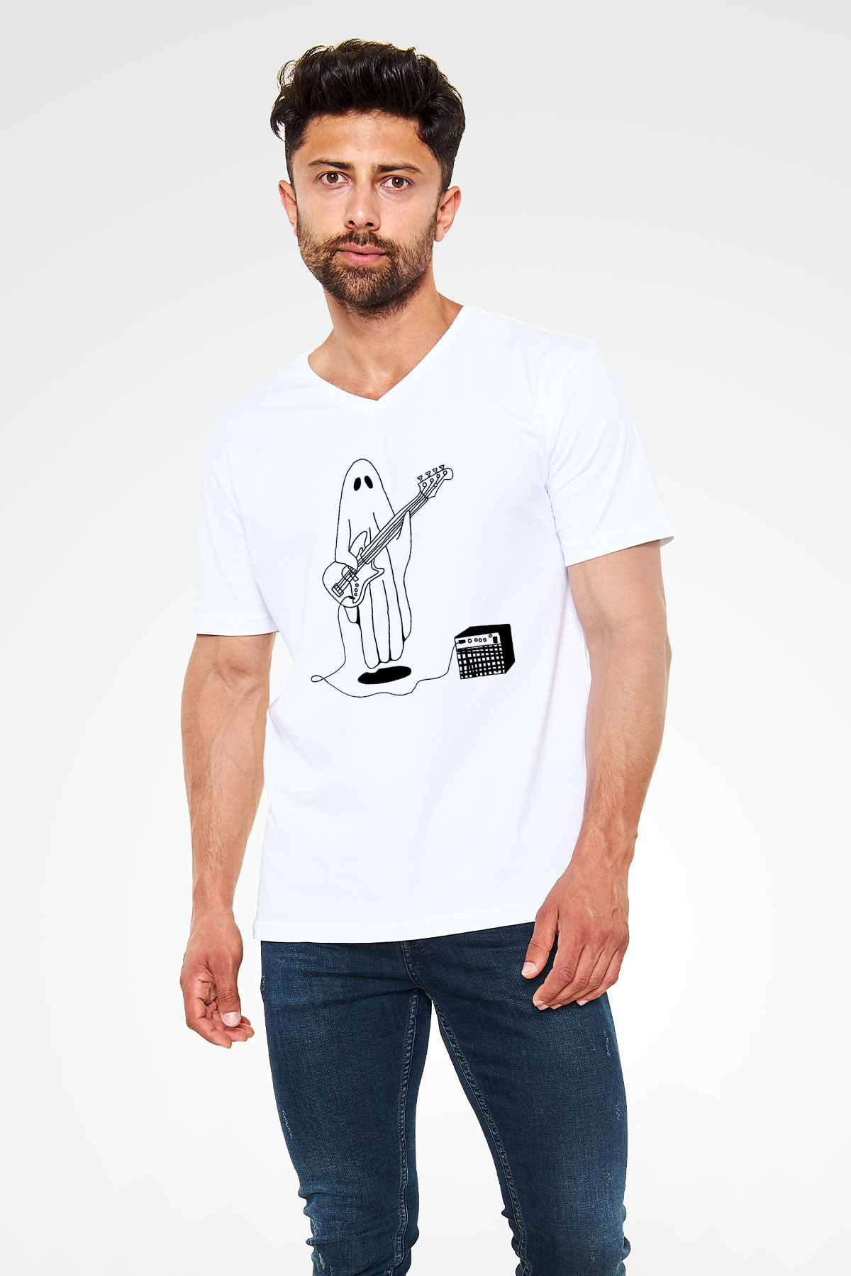 Halloween Baskılı Beyaz Unisex V Yaka Tişört - Tshirt