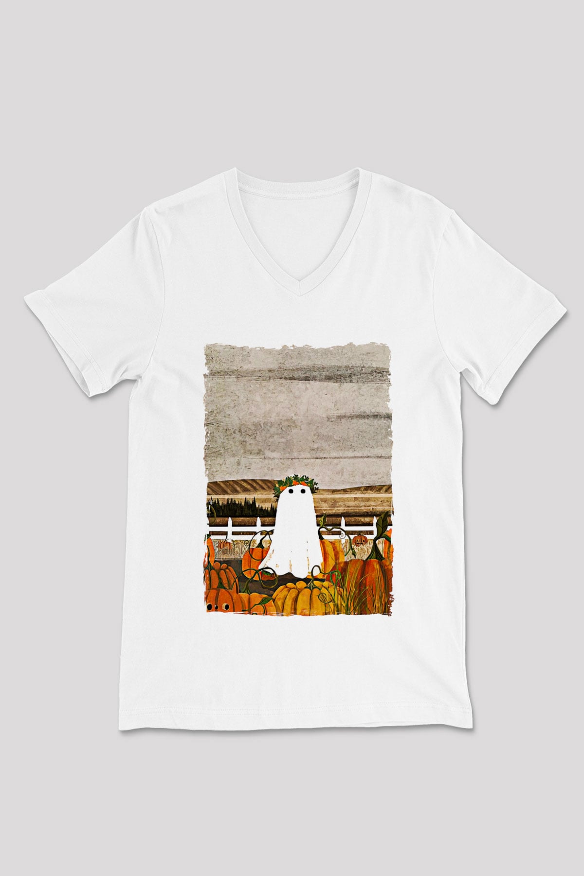 Halloween Baskılı Beyaz Unisex V Yaka Tişört - Tshirt