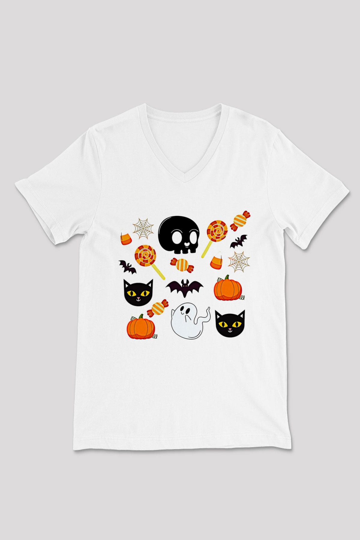 Halloween Baskılı Beyaz Unisex V Yaka Tişört - Tshirt