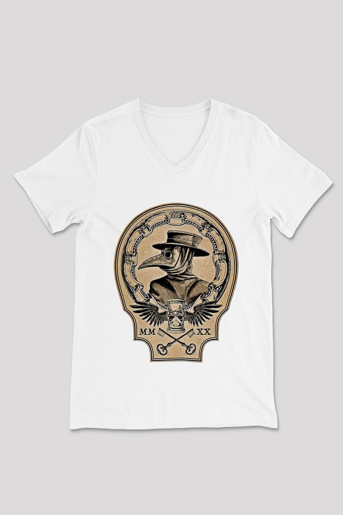 Halloween Baskılı Beyaz Unisex V Yaka Tişört - Tshirt