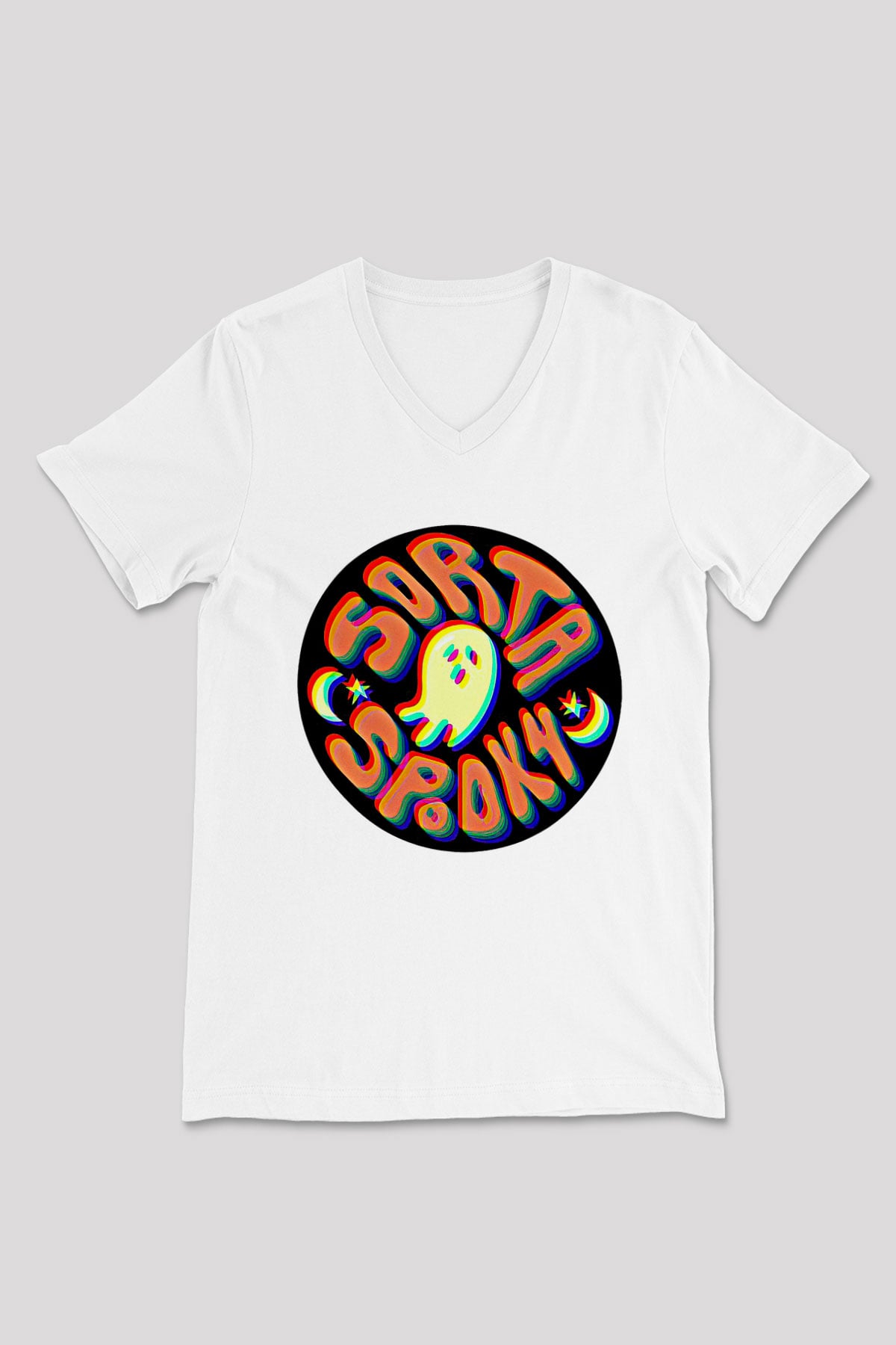 Halloween Baskılı Beyaz Unisex V Yaka Tişört - Tshirt