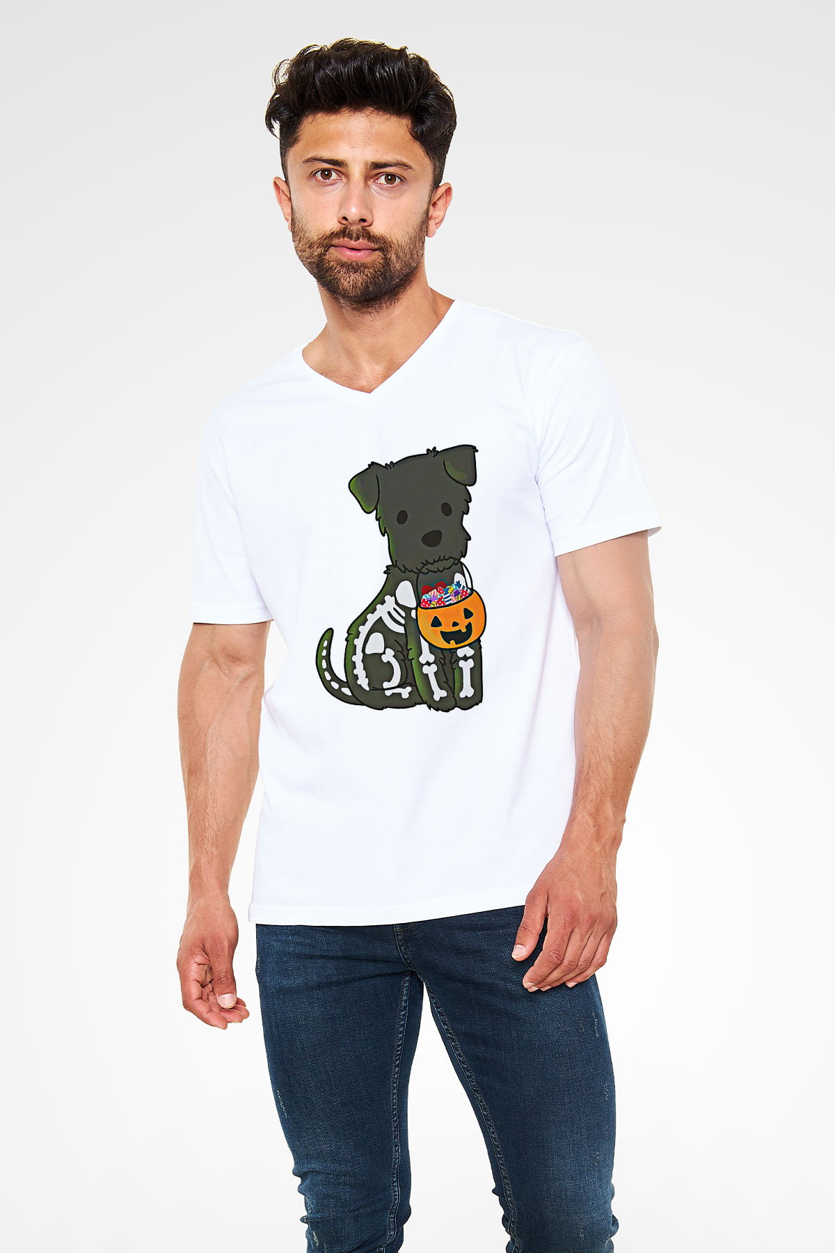 Halloween Baskılı Beyaz Unisex V Yaka Tişört - Tshirt