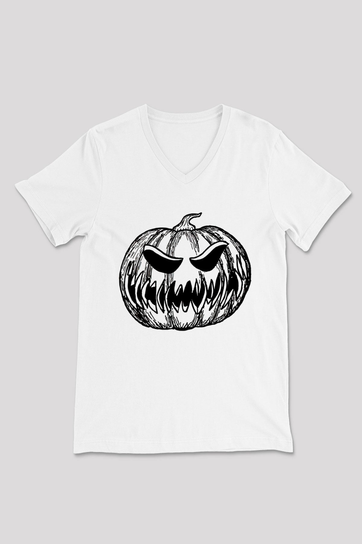 Halloween Baskılı Beyaz Unisex V Yaka Tişört - Tshirt
