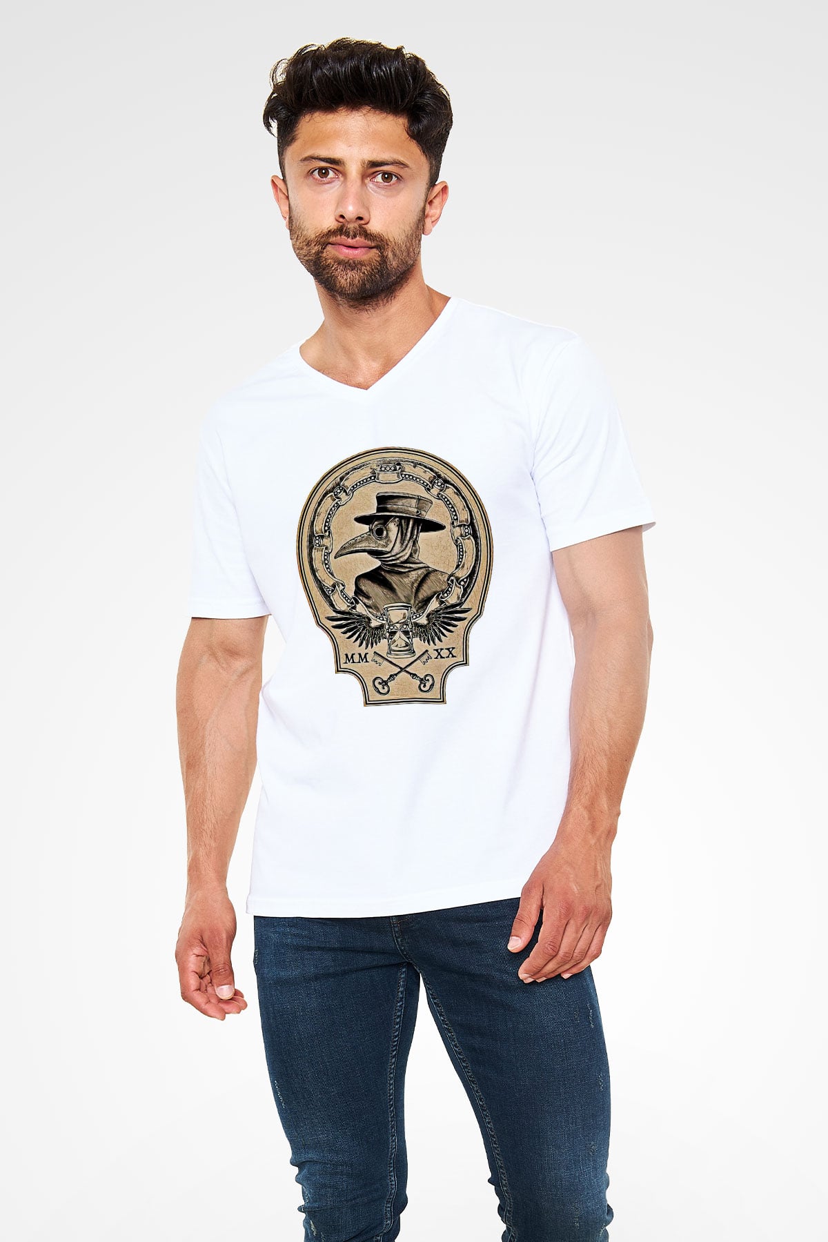 Halloween Baskılı Beyaz Unisex V Yaka Tişört - Tshirt