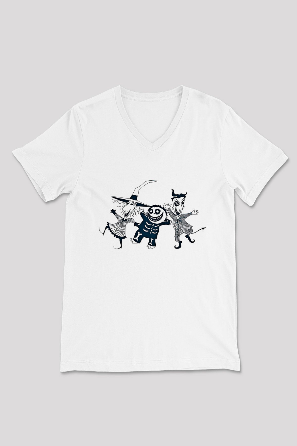 Halloween Baskılı Beyaz Unisex V Yaka Tişört - Tshirt