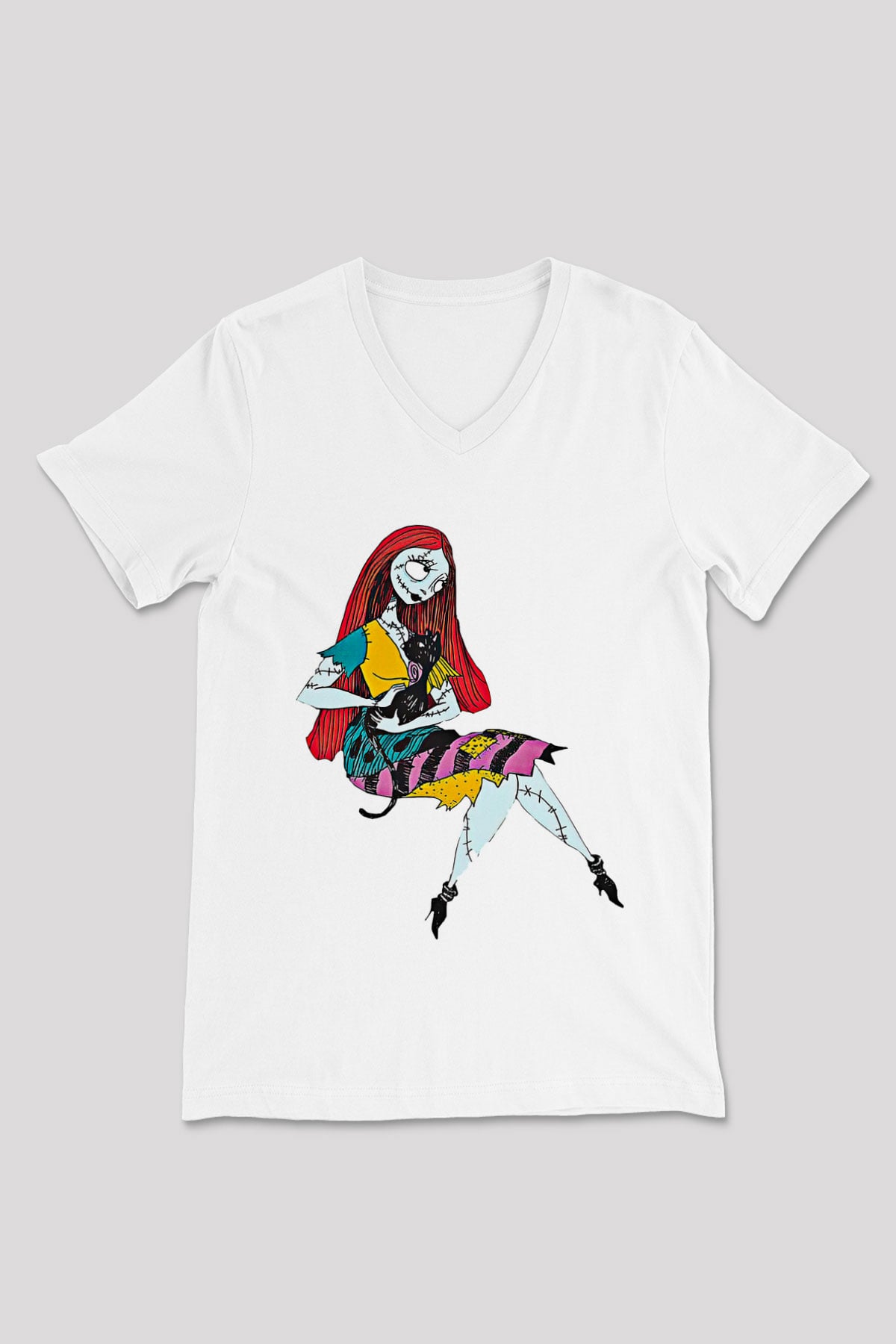 Halloween Baskılı Beyaz Unisex V Yaka Tişört - Tshirt