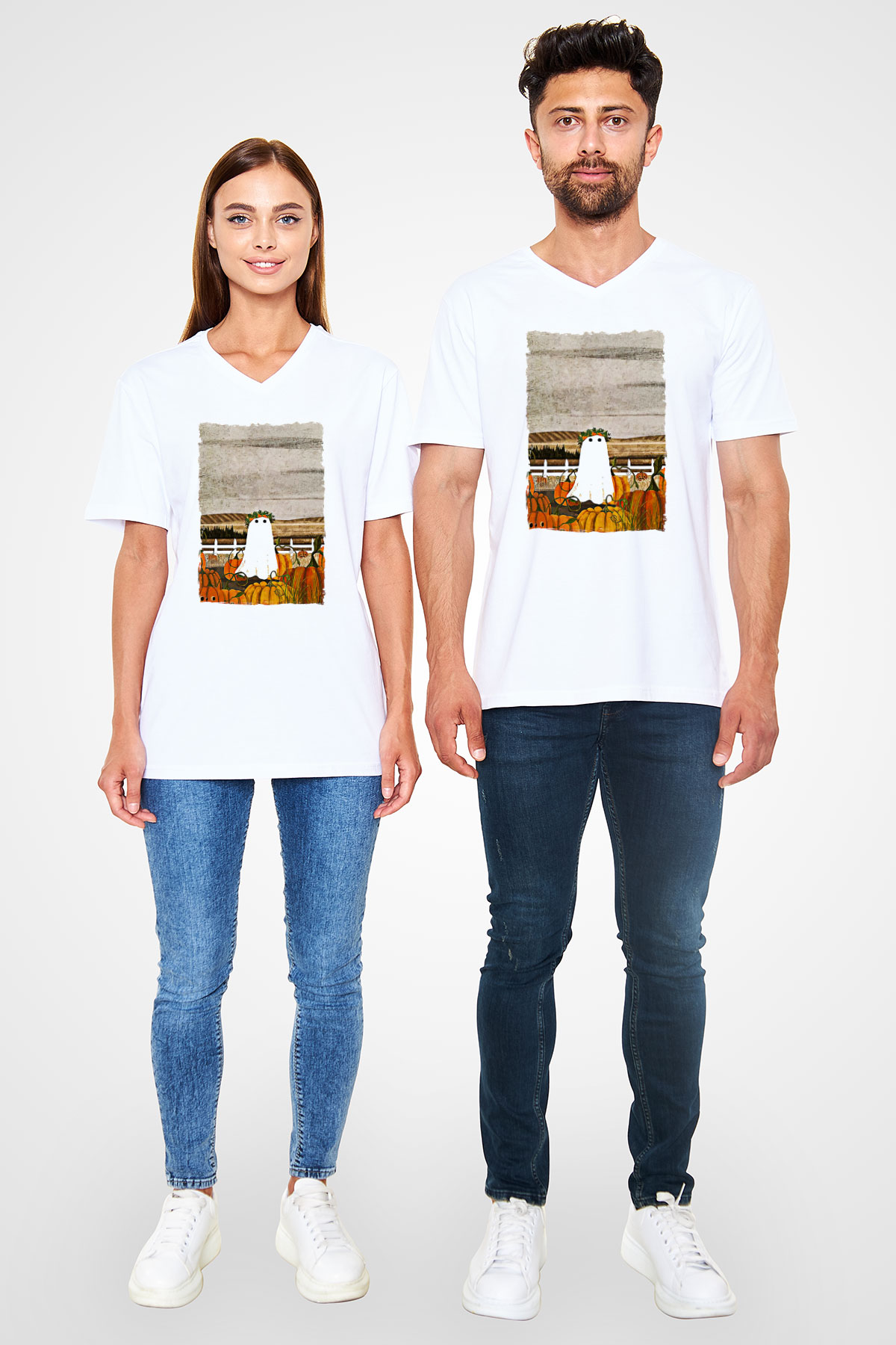 Halloween Baskılı Beyaz Unisex V Yaka Tişört - Tshirt