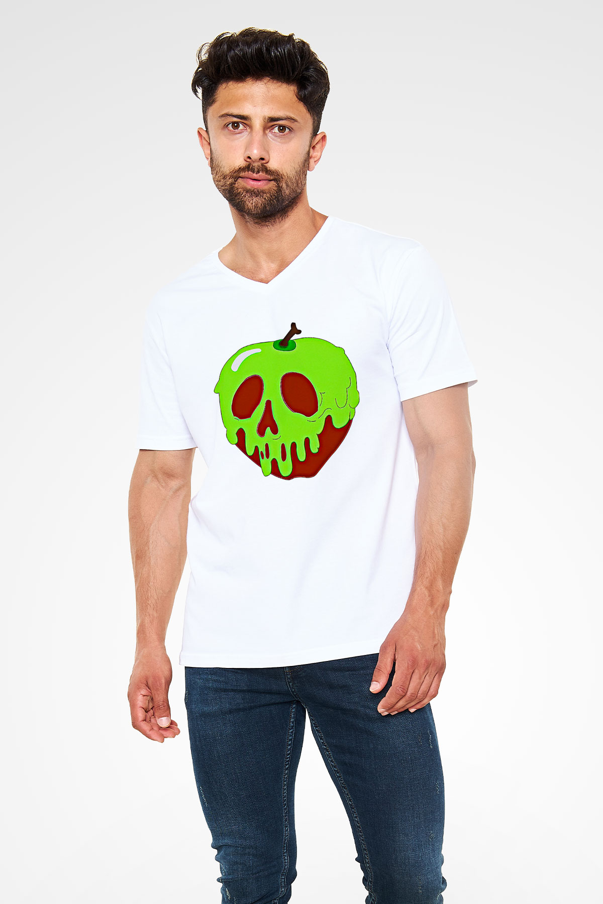 Halloween Baskılı Beyaz Unisex V Yaka Tişört - Tshirt