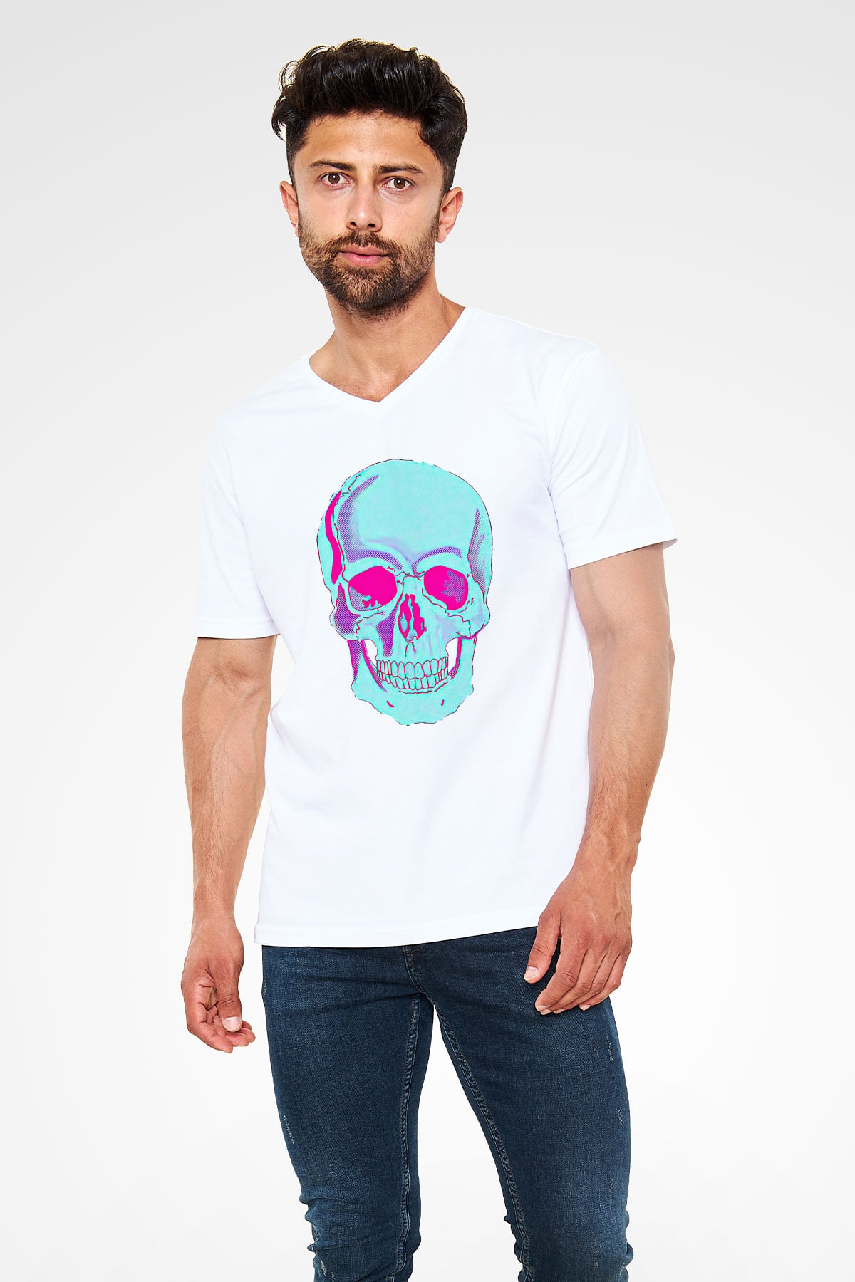 Halloween Baskılı Beyaz Unisex V Yaka Tişört - Tshirt
