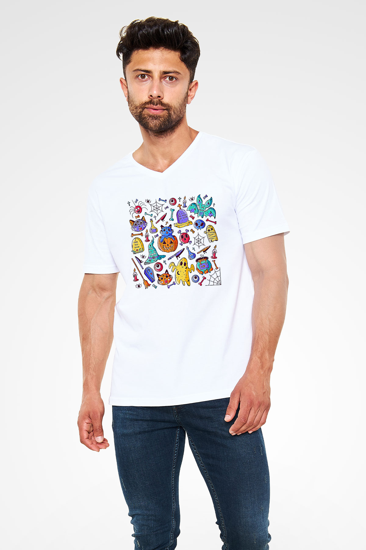 Halloween Baskılı Beyaz Unisex V Yaka Tişört - Tshirt