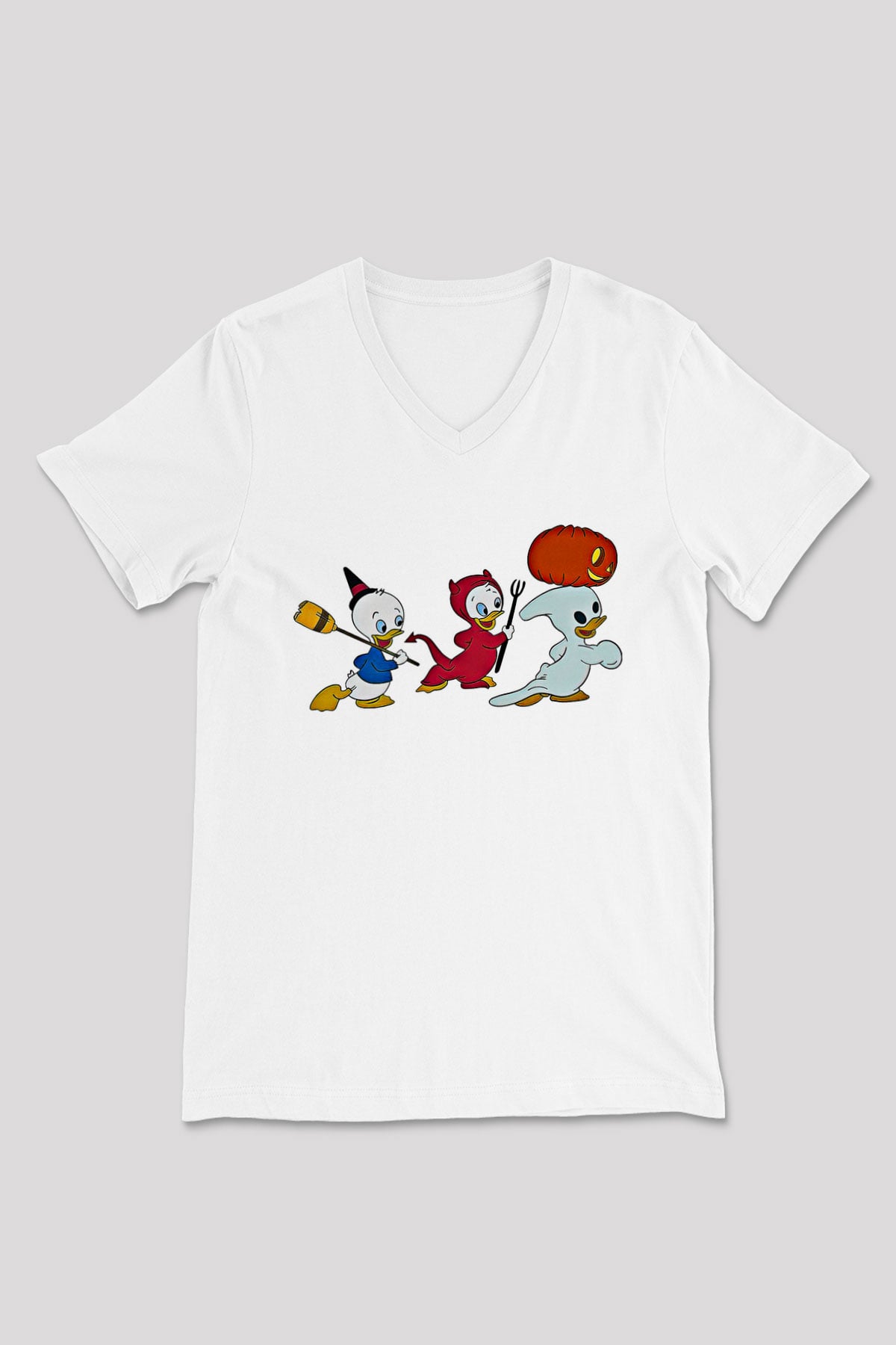 Halloween Baskılı Beyaz Unisex V Yaka Tişört - Tshirt