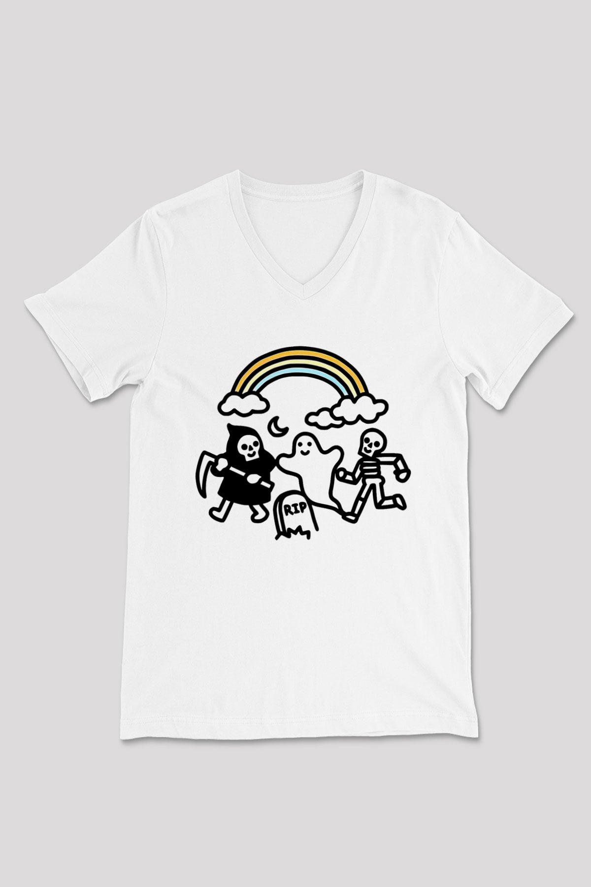 Halloween Baskılı Beyaz Unisex V Yaka Tişört - Tshirt