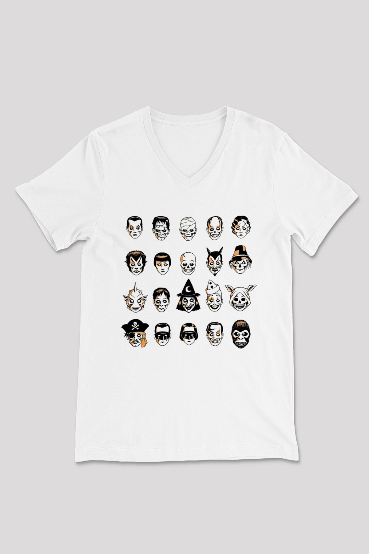 Halloween Baskılı Beyaz Unisex V Yaka Tişört - Tshirt