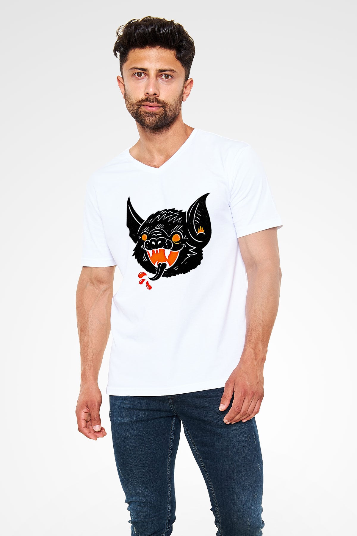 Halloween Baskılı Beyaz Unisex V Yaka Tişört - Tshirt
