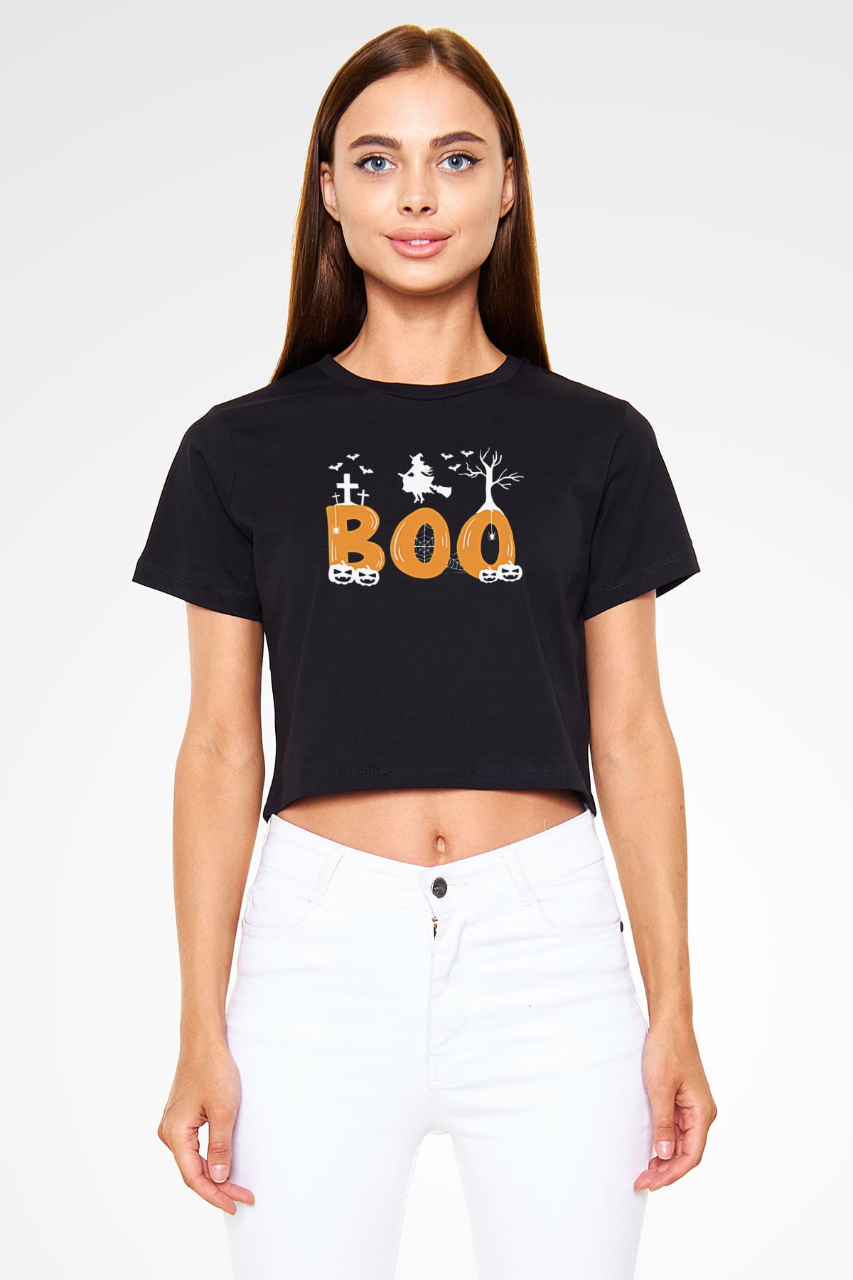 Halloween Baskılı Siyah Crop Top Kadın Tişört - Tshirt