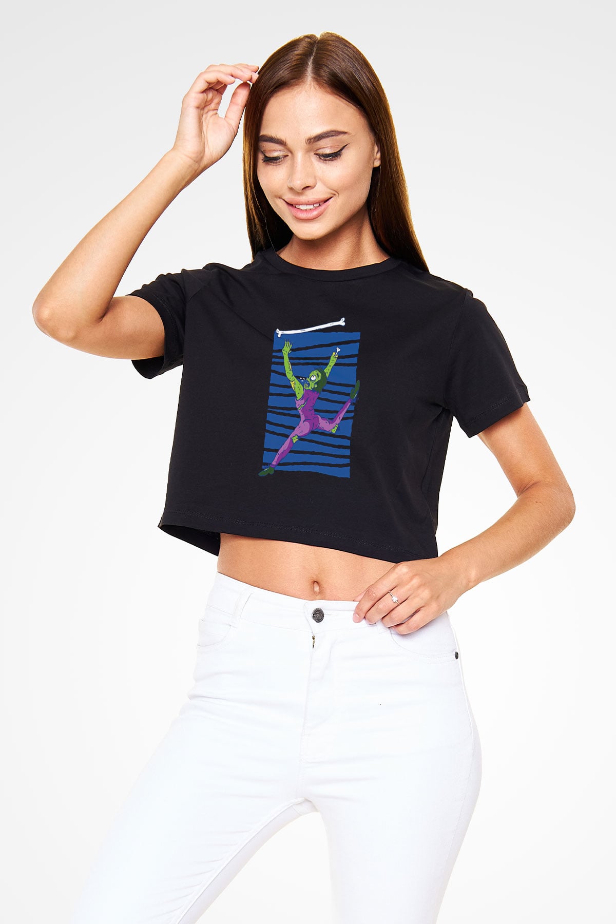 Halloween Baskılı Siyah Crop Top Kadın Tişört - Tshirt