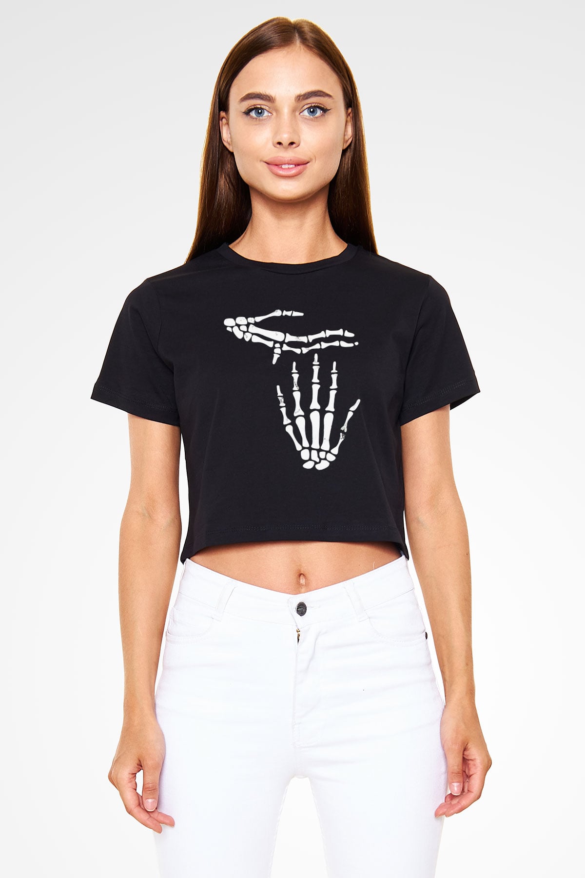 Halloween Baskılı Siyah Crop Top Kadın Tişört - Tshirt
