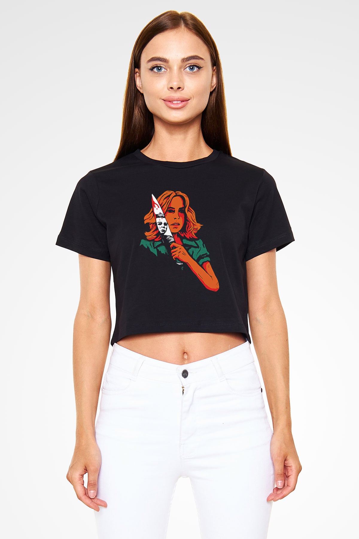 Halloween Baskılı Siyah Crop Top Kadın Tişört - Tshirt