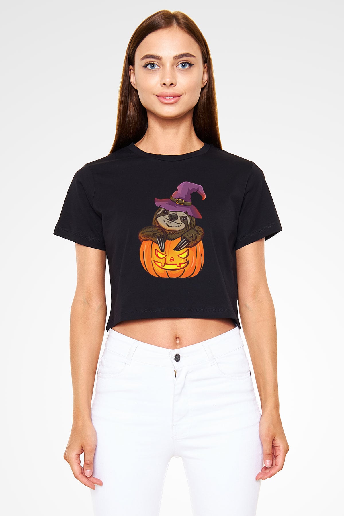 Halloween Baskılı Siyah Crop Top Kadın Tişört - Tshirt