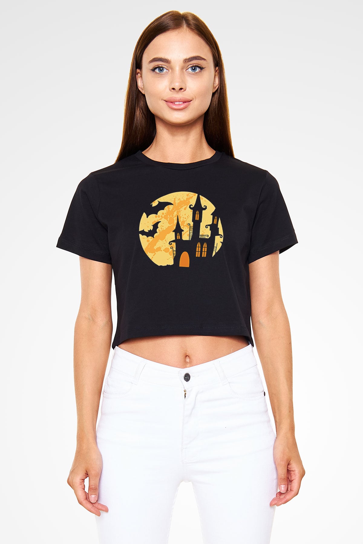 Halloween Baskılı Siyah Crop Top Kadın Tişört - Tshirt
