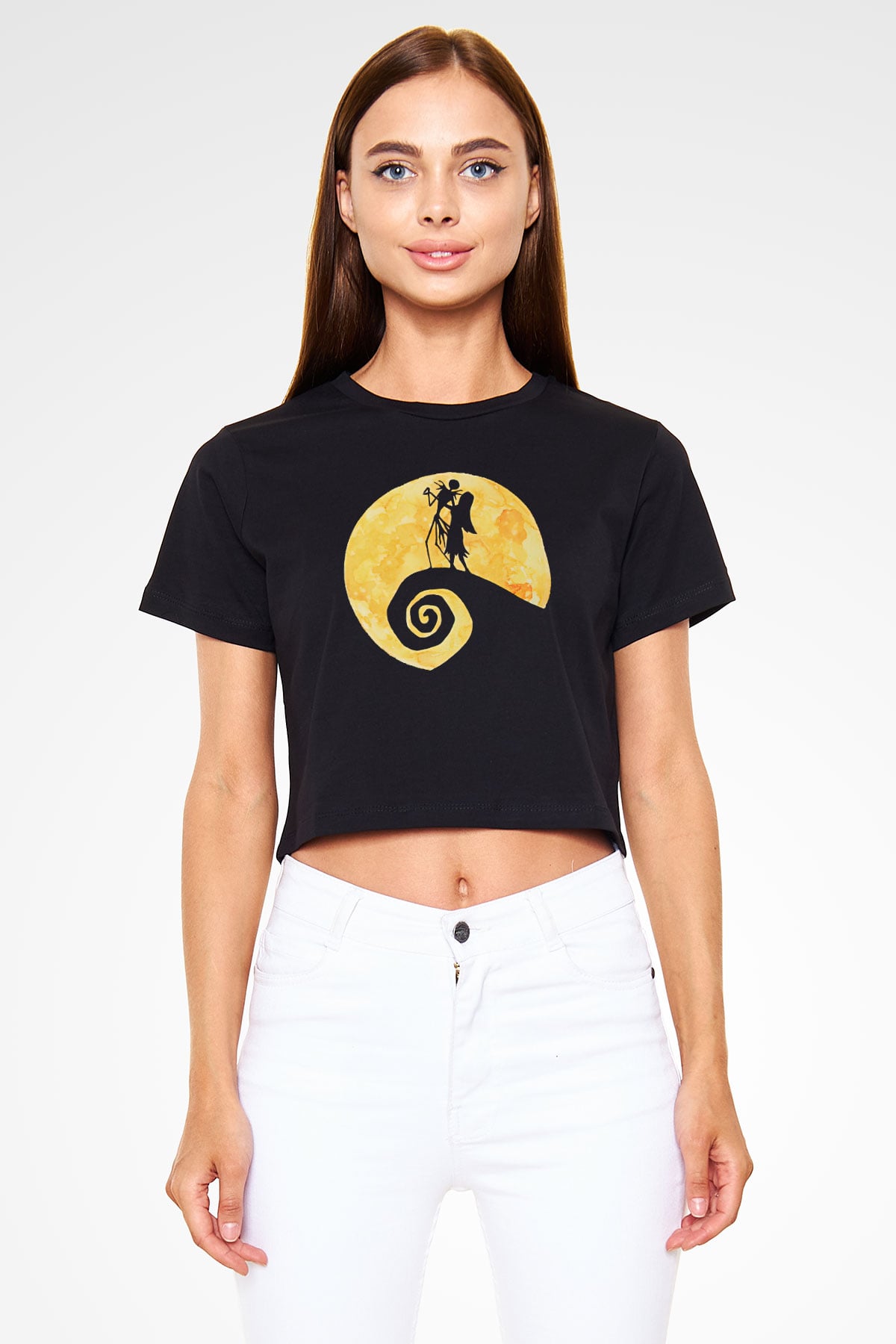 Halloween Baskılı Siyah Crop Top Kadın Tişört - Tshirt