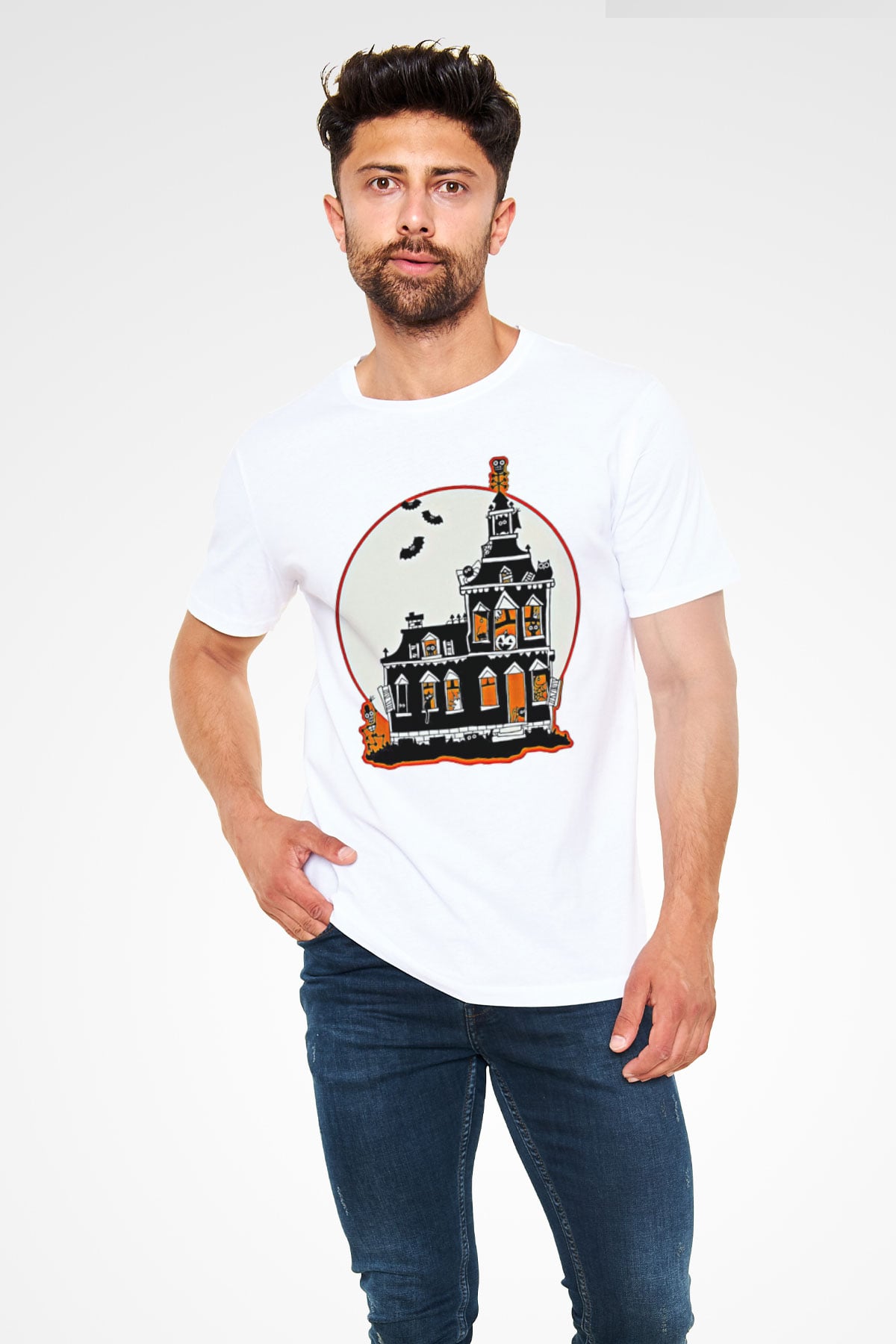 Halloween Baskılı Unisex Beyaz Tişört - Tshirt