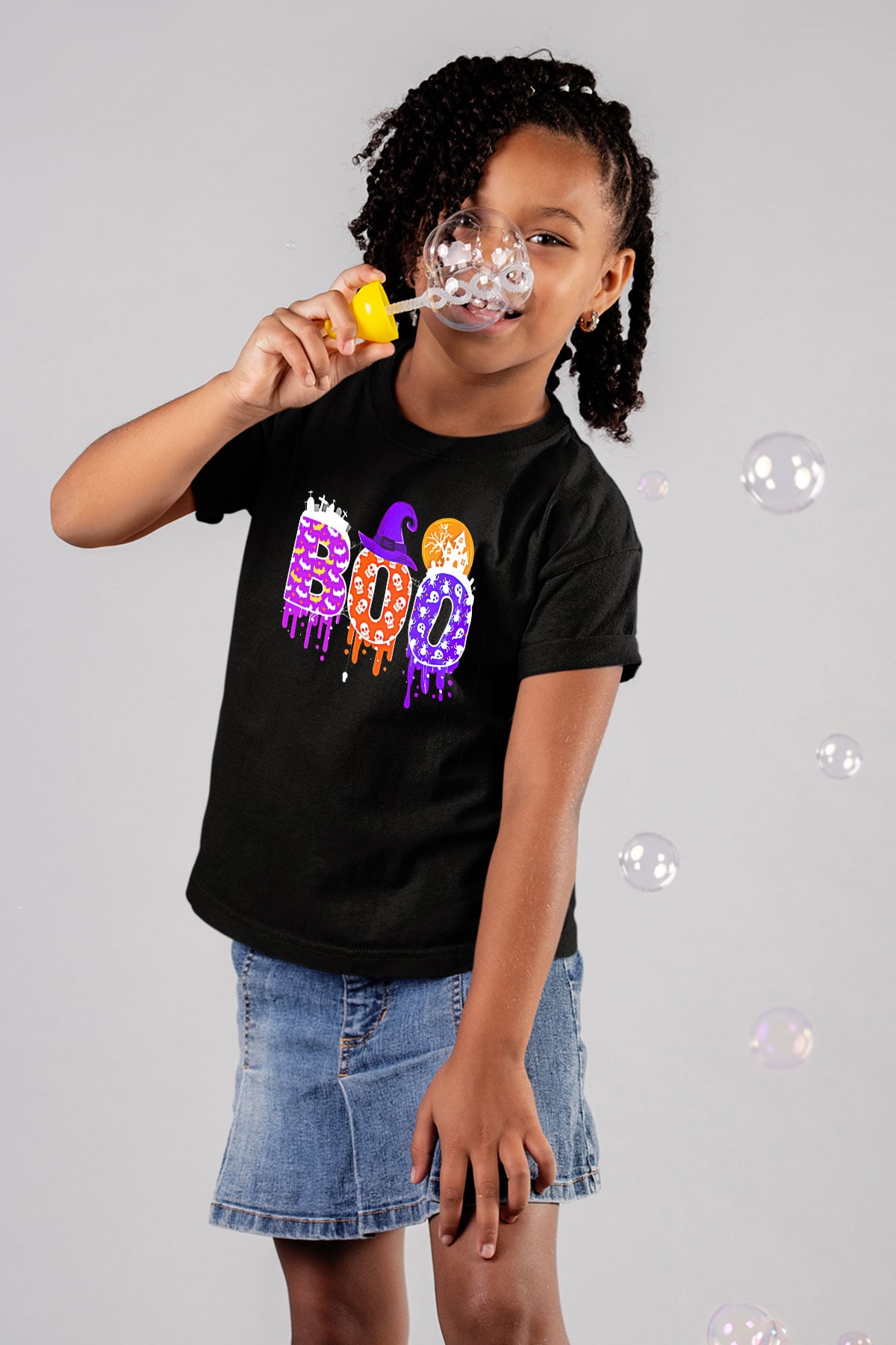 Halloween Baskılı Unisex Siyah Çocuk Tişört - Tshirt